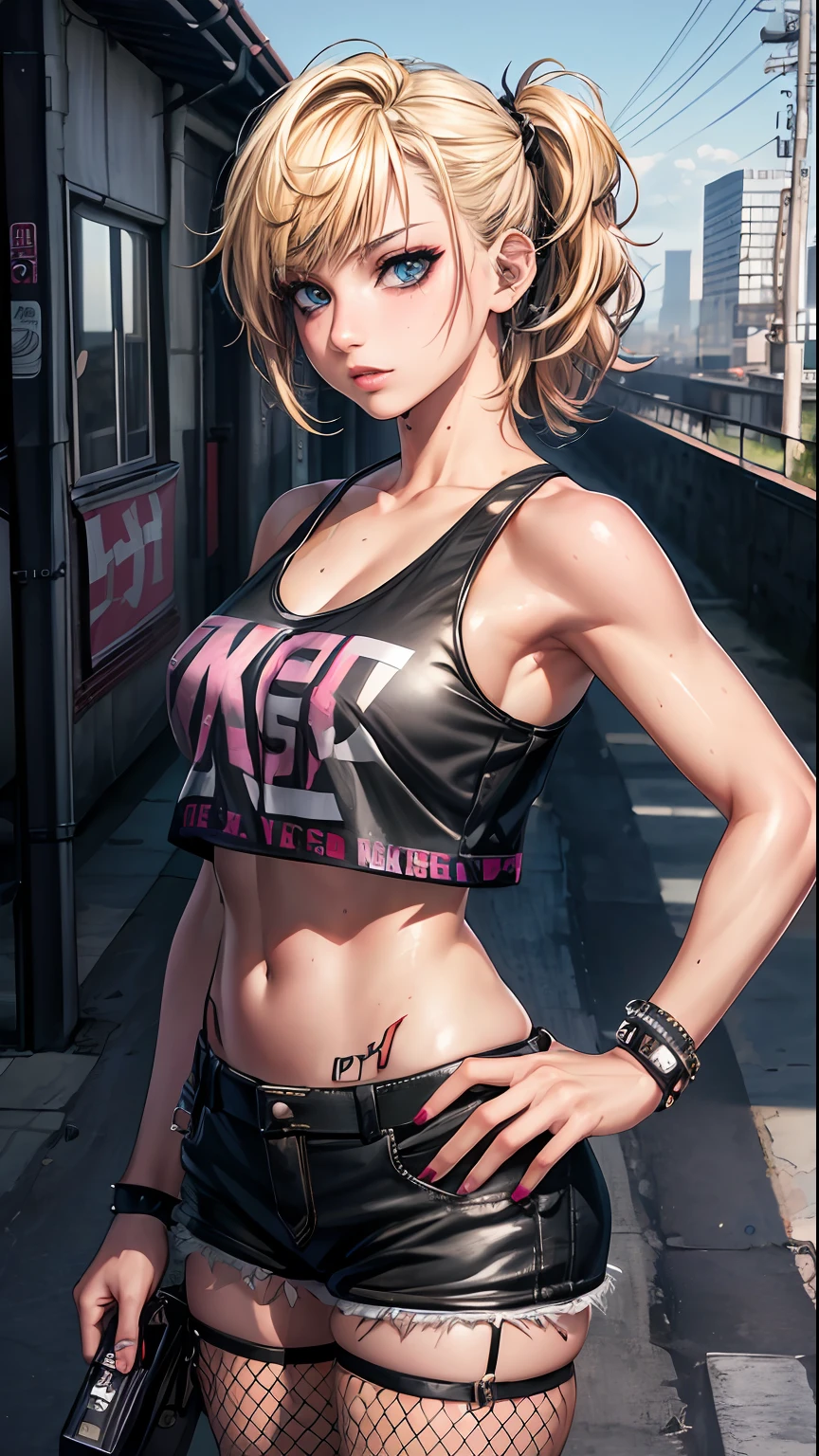 8k, best quality, masterpiece (photorealistic:1.4), raw photo, classroom, (Authentic skin texture:1.3), (punk:1.3), detailed eyes and face,masterpiece, best quality, gyaru, rooftop, cyberpunk, baggy cargos, cropped tank top, fishnets, medium hair with fade, blonde and black hair