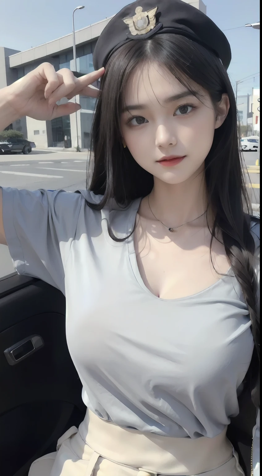 26-year-old beauty,There is an extraordinary and exquisite real person,Extremely delicate, and facial features are straight,Peerless beautiful girl,(Black straight hair,wear cap)Perfect sexy,Stunning collarbones,((Safety officer uniform set,traffic police woman,(Military rank epaulettes),red short))。A sweet smile,softness,dreamlike quality,Exaggerated facial features,solidcolor,Frank off-white,hyper realisitc,ultraclear,Beautiful young girl,Cute and lively, Upright frontally,full bodyesbian,On the road