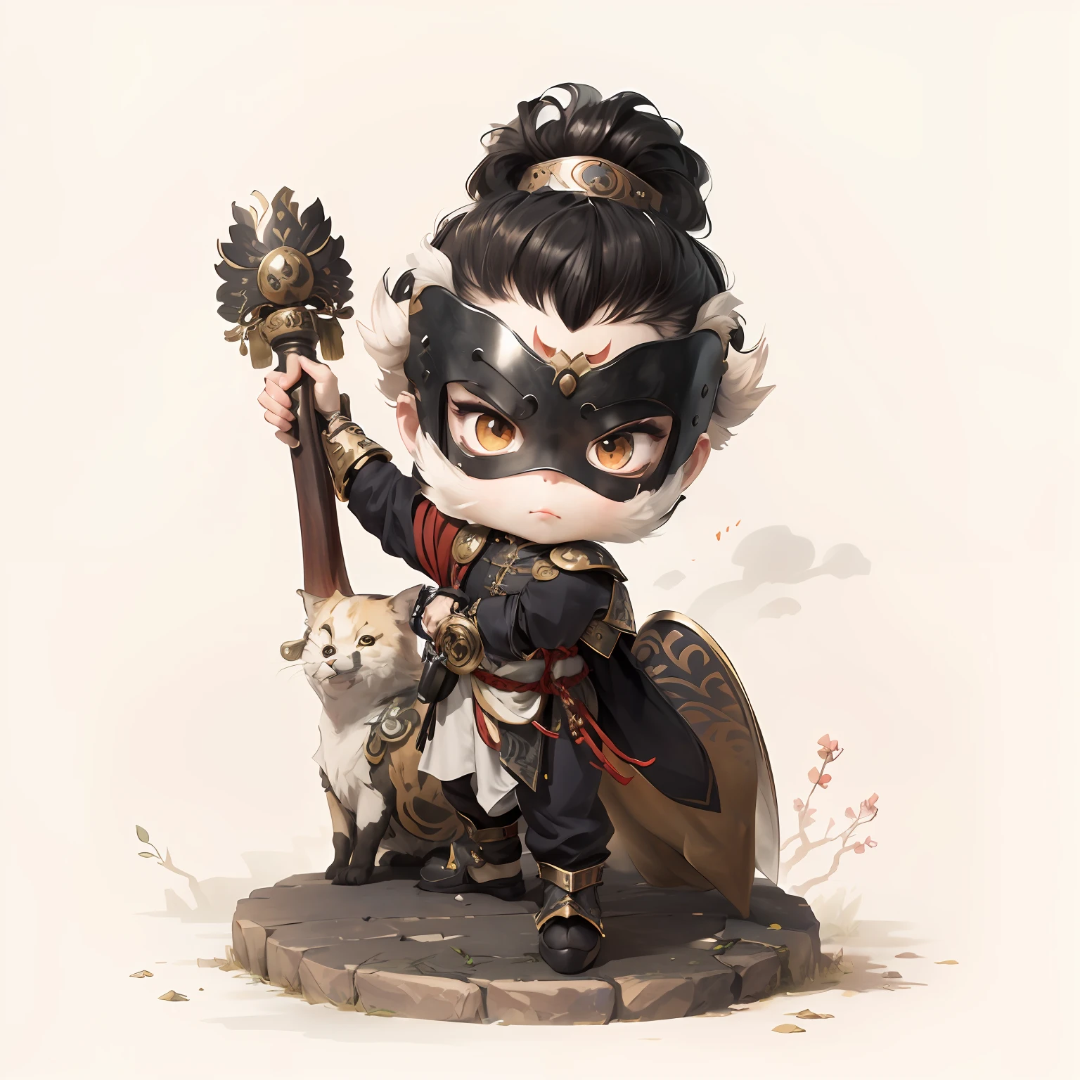 male people,Male characters,tchibi,Bad,Armed mace,Mace weapons,Ancient Chinese weapons,The handle has a delicate pattern,Shoulder blades,metal breastplate,chainmail,Animal pattern cuirass,chest plate,Bracers,Flowing hem,China-style,Chinese-style clothing,Chinese shoes,There are beautiful patterns on the weapon grips,ultra-realistic realism,anaglyph,stereograms,Fine painting,Refinement,infinite details,high definition detail,Patterned,Pattern,Blank background,Bright colors,Metal edging