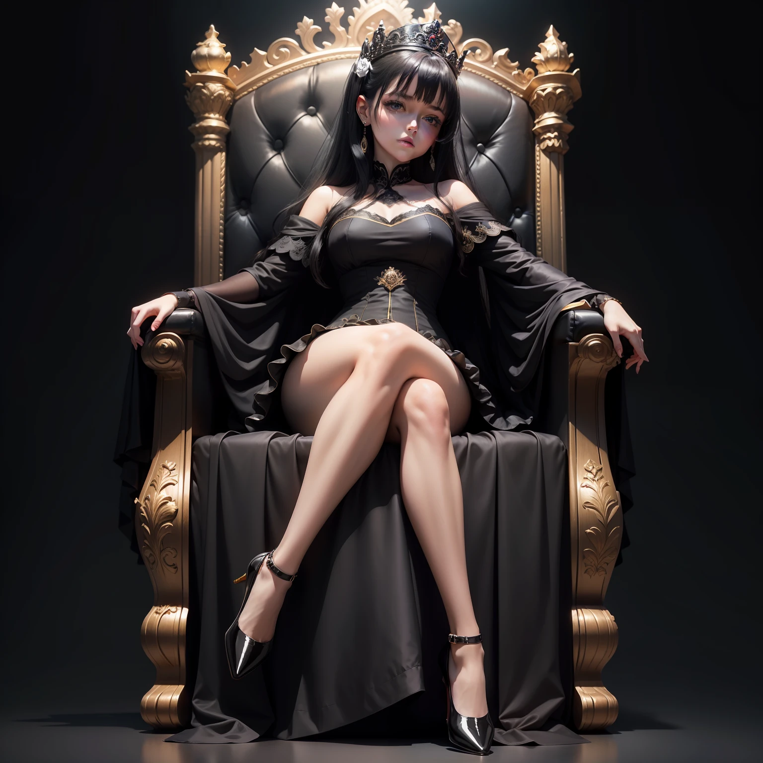 Queen cute sitting on chair Legs upturned Black silk Poor milk Quadratic Dream background Black silk short skirt dress Black hairpin Translucent face Calm Princess shoes Throne Holding black rose Dark background light Girl
