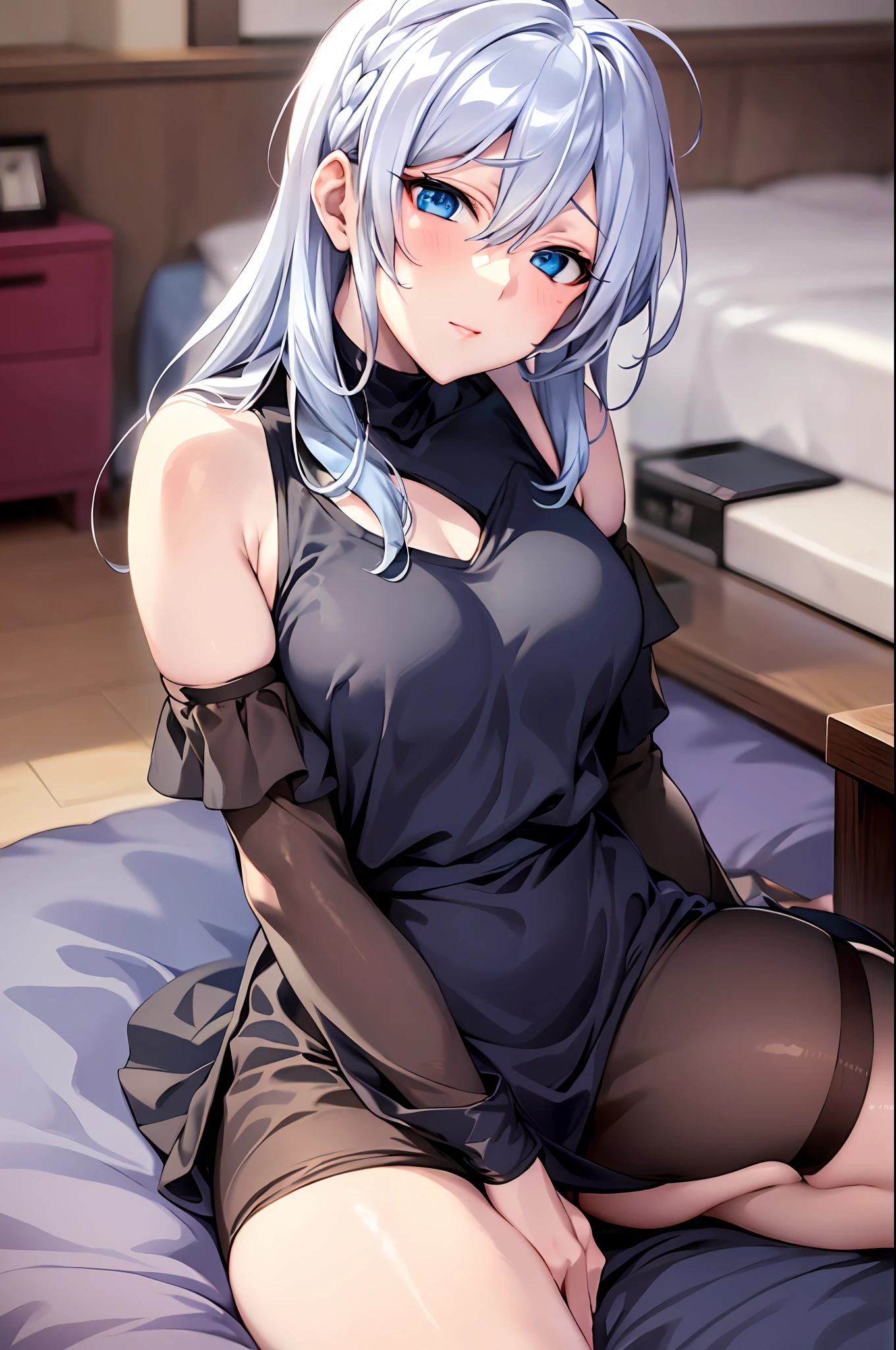 Yukino, sitting on a bed with her legs crossed, seductive anime girl, silver hair and blue eyes, attractive anime girl, cute anime girl, anime girl, sitting on her bed, (anime girl), anime best girl, sitting on a bed, sitting on the bed, an anime girl, pretty anime girl