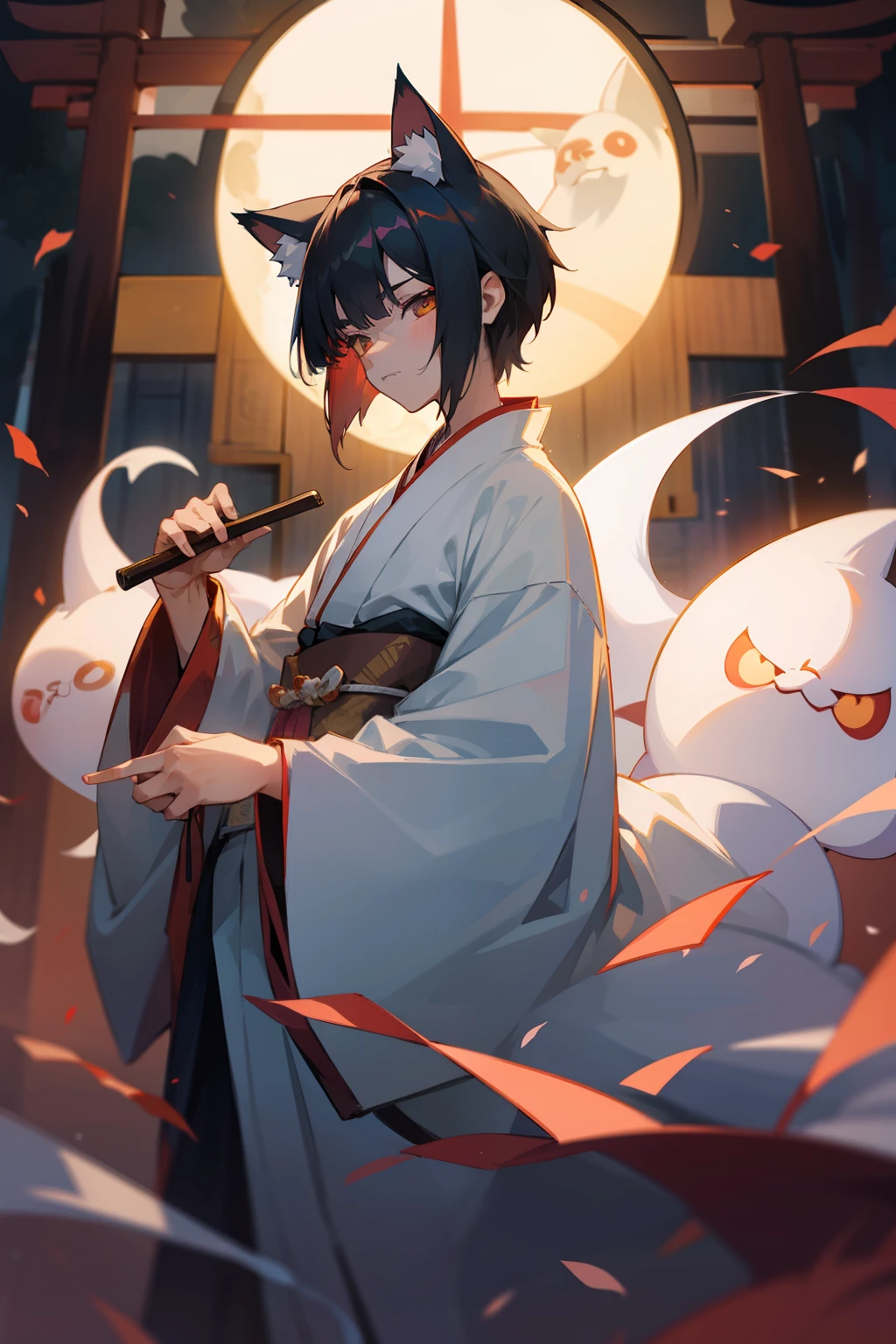 A boy with old-fashioned ghost cat ears and tail About 15 years old Eyes Like Gems youkai Breakdown shrines Wearing kimono A sexy