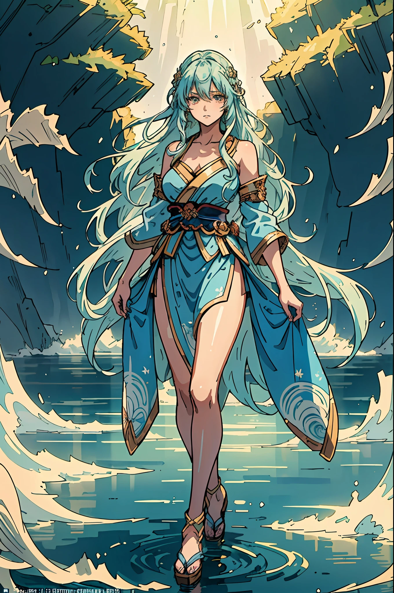 a beautiful woman with long-haired, aquamarine-colored hair flowing like waves, her enchanting face carries a melancholic expression, her tall and slender figure moves like captivating water splashes in the wind, wears a splendid fantasy-style islander ethnic costume, a short skirt resembling ocean waves, the character design depicting a fantasy-style female dancer with a Japanese anime design, the artwork features finely detailed character design, showcasing a mature Japanese manga artistic style, ((character concept art)), full body character drawing, goddess, high definition, best quality, ultra-detailed, extremely delicate, anatomically correct, symmetrical face, extremely detailed eyes and face, high quality eyes, creativity, RAW photo, UHD, 8k, (Natural light, professional lighting:1.2, cinematic lighting:1.5), (masterpiece:1.5)