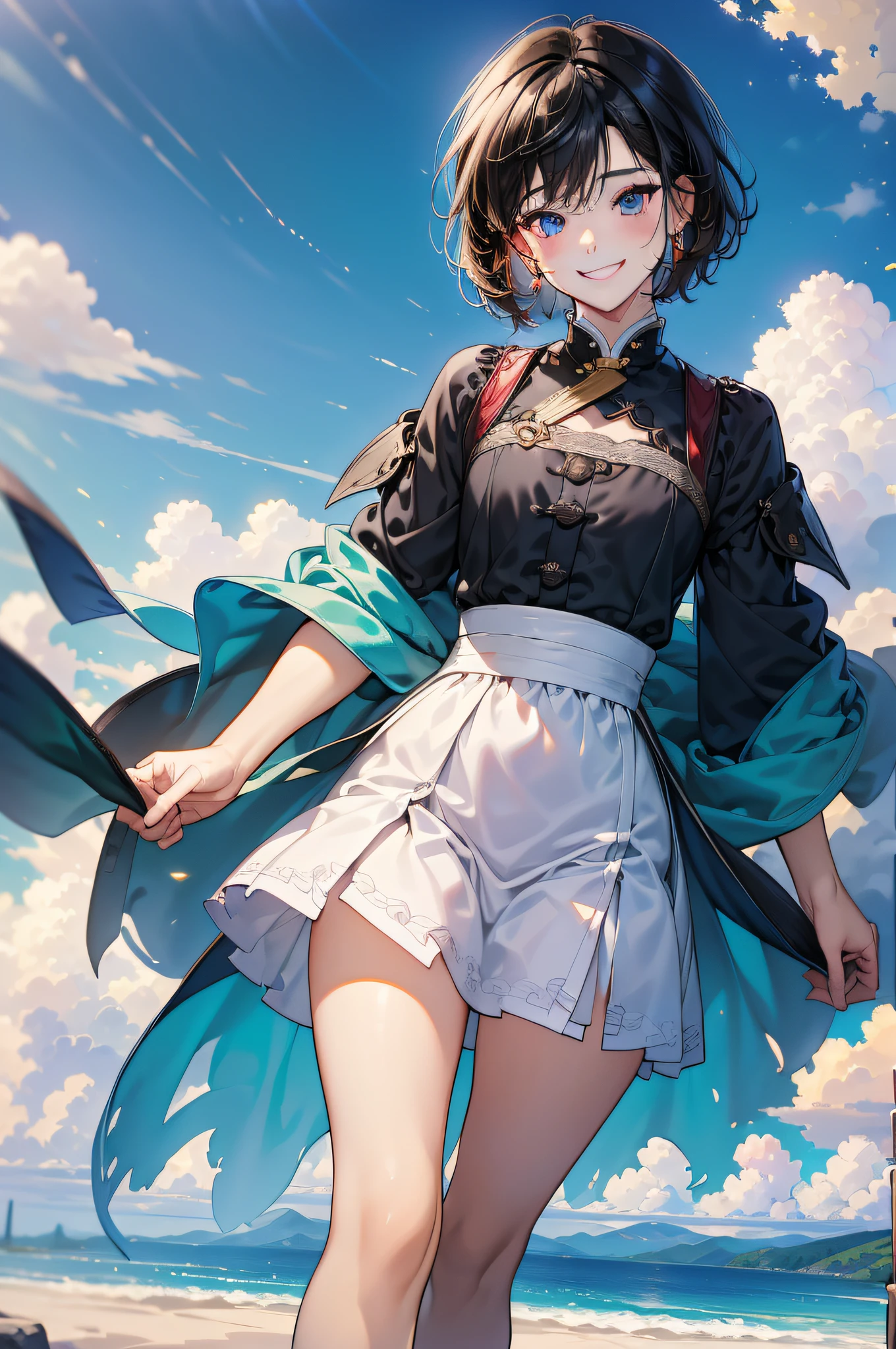 (in 8K、top-quality、masterpiece:1.2)、1人の女性、(Smiling smile:1.1)、beautidful eyes、Valley、The upper part of the body、length hair、Like a boy、poneyTail、red view、