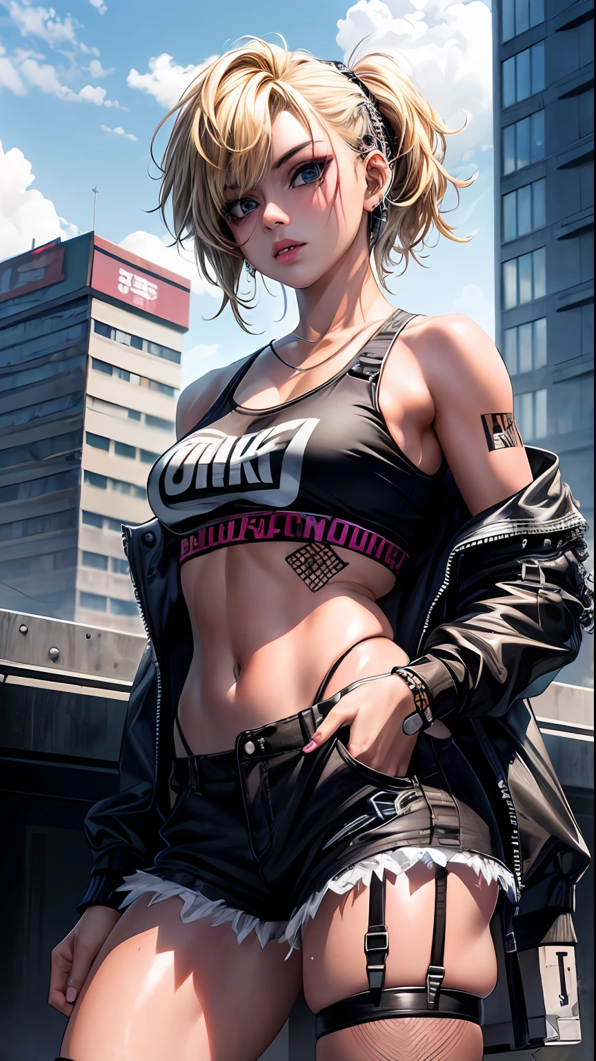 8k, best quality, masterpiece (photorealistic:1.4), raw photo, classroom, (Authentic skin texture:1.3), (punk:1.3), detailed eyes and face,masterpiece, best quality, gyaru, rooftop, cyberpunk, baggy cargos, cropped tank top, fishnets, medium hair with fade, blonde and black hair