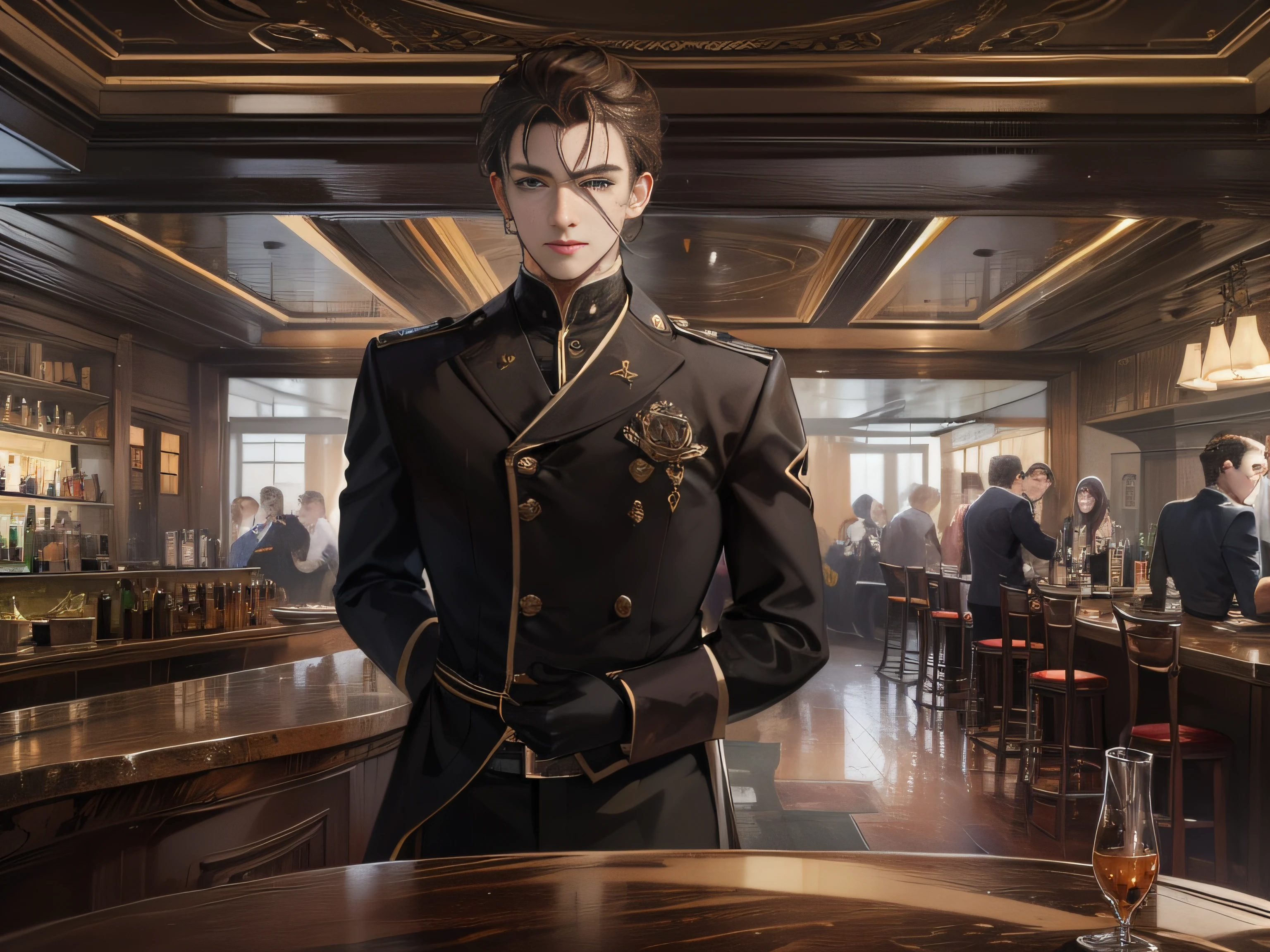 A 30-year-old boy with short brown hair and wearing a waiter's outfit，A scar on his face，Upper body display，Inside the modern bar，grand master，tmasterpiece，8k wallpaper，CG，Ultra-high image quality