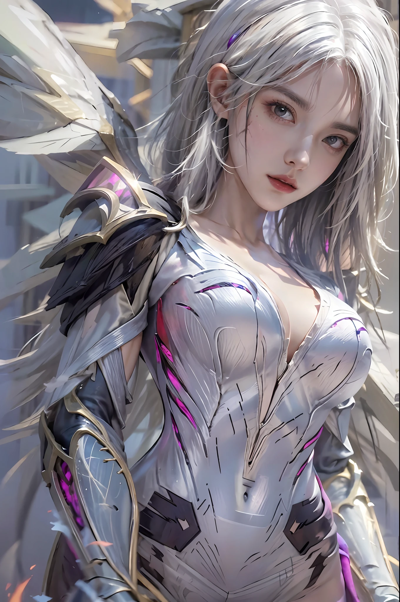 photorealistic, high resolution, 1women, solo, hips up, look at viewer, (detailed face), white hair, kai'sa /league of legends, bodysuit, void wings