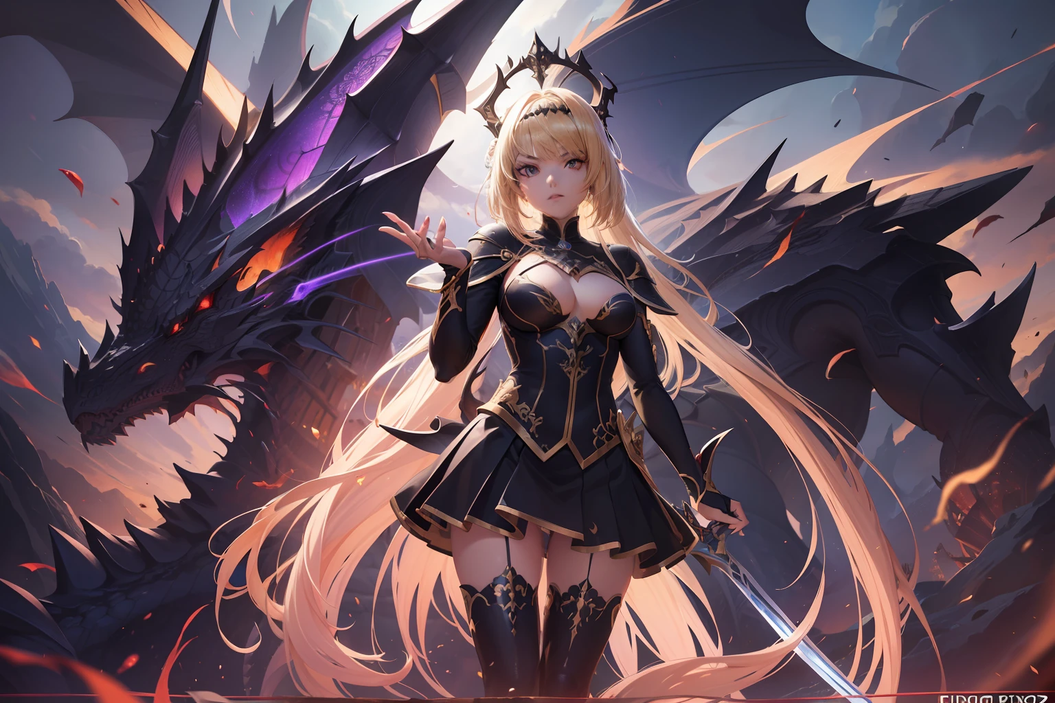 anime girl with sword and dragon in background, anime fantasy artwork, anime fantasy illustration, badass anime 8 k, anime art wallpaper 4 k, anime art wallpaper 4k, 2. 5 d cgi anime fantasy artwork, anime art wallpaper 8 k, detailed digital anime art, beautiful fantasy anime, anime epic artwork, 4k anime wallpaper, detailed anime artwork, sexy, sexy, big boobs, women, A queen is sitting on a throne in the underwater palace, anime style , dragon girl, amor dragon, blade dragon, dragon wings , (masterpiece, best quality, ultra-detailed, best shadow), (detailed background,dark fantasy), (beautiful detailed face), high contrast, (best illumination, an extremely delicate and beautiful), ((cinematic light)), colorful, hyper detail, dramatic light, intricate details, (1 girl, solo, sharp face, . Blonde hair,super long hair, thin bangs hime cut, long lashes,dynamic angle), blood splatter, swirling black light around the character, depth of field,black light particles,(broken glass),magic circle