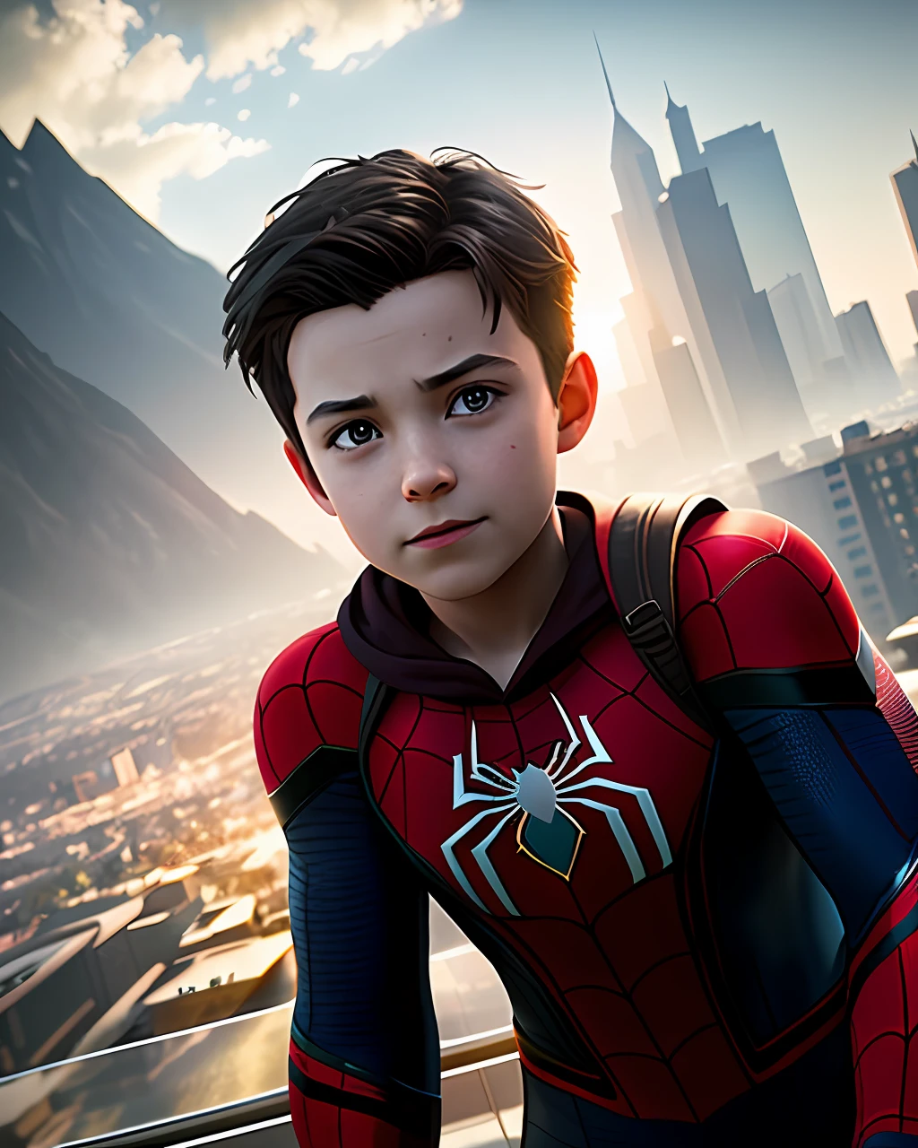 Create a breathtaking masterpiece with stunning ray tracing effects,Spider-Man Little Boy, Epic, Cinematic, hypperrealism, hdr,Without a hood,Expose the face,