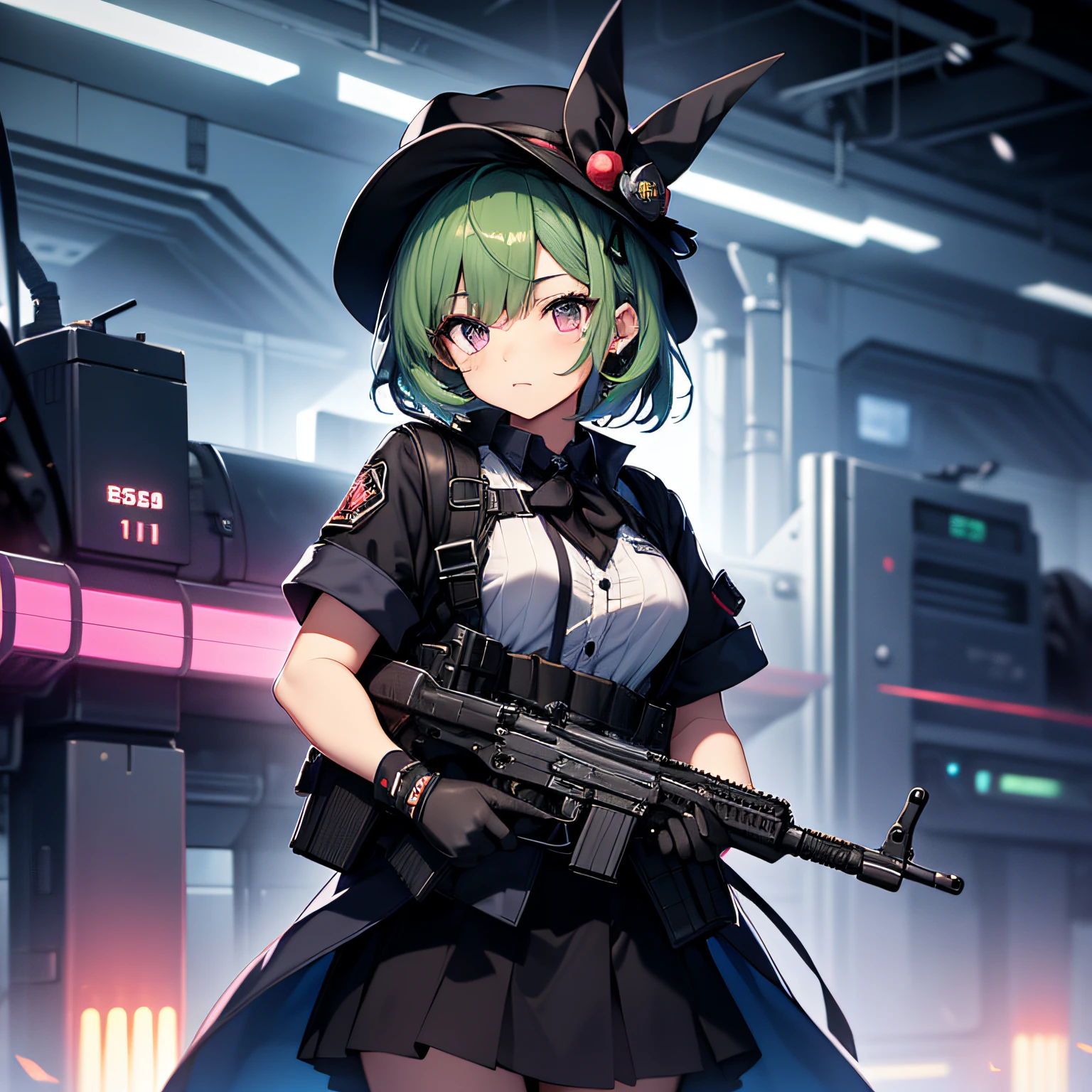 top-quality、extremely delicate and beautiful、(A teenage girl)、Purple Eye、Green hair、short-haired、(Black pointy hat)、Black tie、Soio、shortsleeves、Black skirt、Navel,Tactical Vest、shortsleeves、Black skirt、((Holding a submachine gun in both hands))、Midnight background、is standing