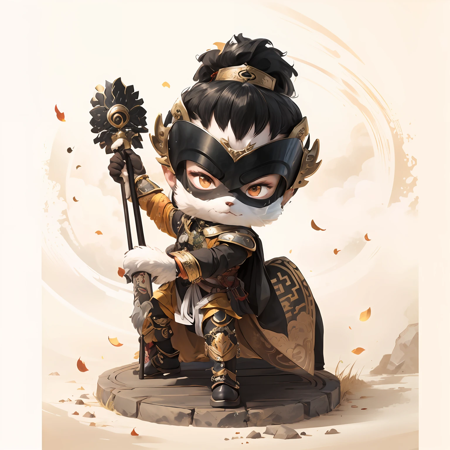 male people，Male characters，tchibi，Bad，Armed mace，Mace weapons，Ancient Chinese weapons，The handle has a delicate pattern，Shoulder blades，metal breastplate，chainmail，Animal pattern cuirass，chest plate，Bracers，Flowing hem，China-style，Chinese-style clothing，Chinese shoes，There are beautiful patterns on the weapon grips，ultra-realistic realism，anaglyph，stereograms，Fine painting，Refinement，infinite details，high definition detail，Patterned，Pattern，Blank background，Bright colors，Metal edging