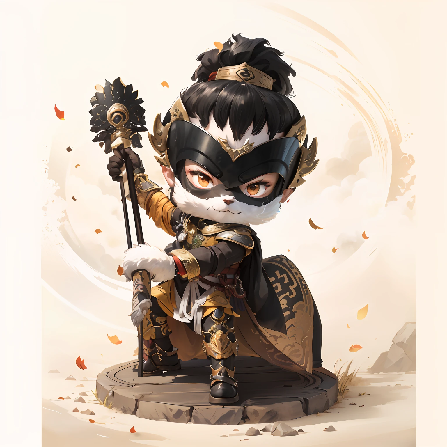 male people,Male characters,tchibi,Bad,Armed mace,Mace weapons,Ancient Chinese weapons,The handle has a delicate pattern,Shoulder blades,metal breastplate,chainmail,Animal pattern cuirass,chest plate,Bracers,Flowing hem,China-style,Chinese-style clothing,Chinese shoes,There are beautiful patterns on the weapon grips,ultra-realistic realism,anaglyph,stereograms,Fine painting,Refinement,infinite details,high definition detail,Patterned,Pattern,Blank background,Bright colors,Metal edging