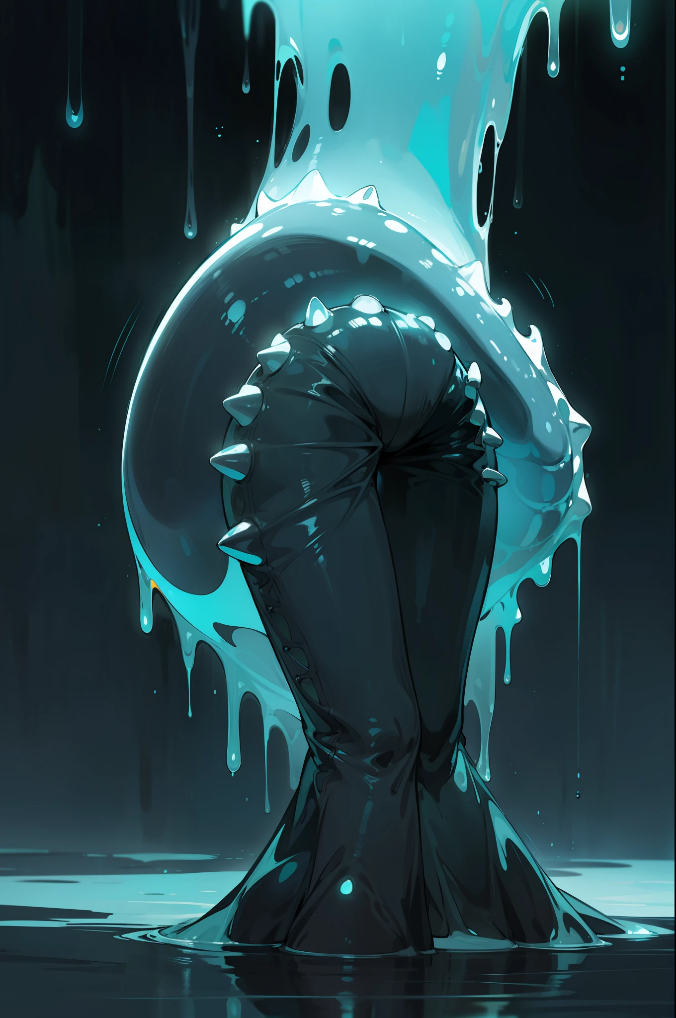 (horror scene) a wet glowing dripping thick tencicales bioluminescence monster biped waifu slitehring around