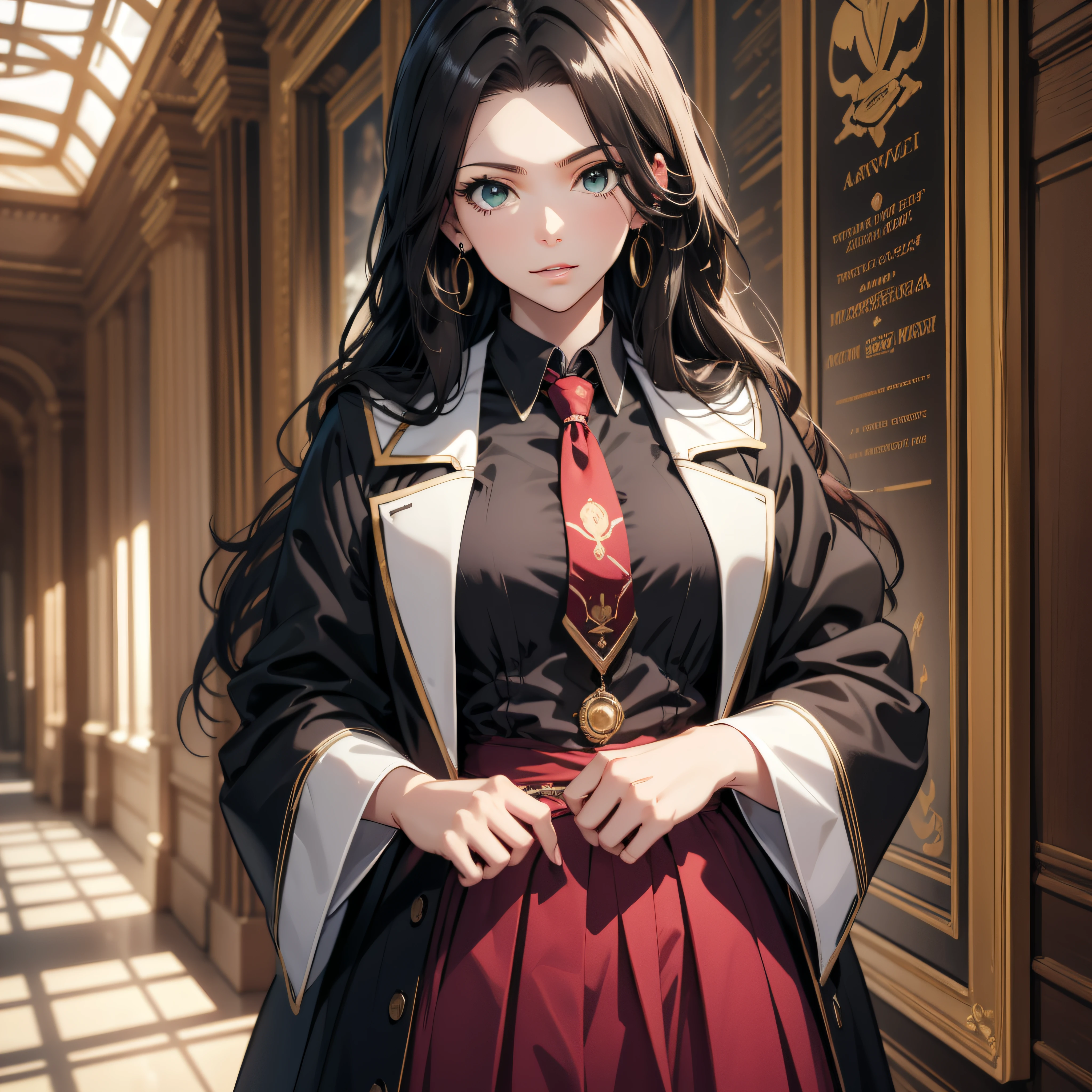 (best quality, masterpiece, ultra-detailed, extremely detailed, highres), (1girl, single, solo), 16 years old Anime girl, long raven hair, slightly wavy hair, parted bangs, Magus, green eyes, diamond earrings, long black coat, necktie, white shirt, black skirt, aristocrat, noble attire, beautiful, ethereal, elegant, prestigious, classic, royal building, natural lips