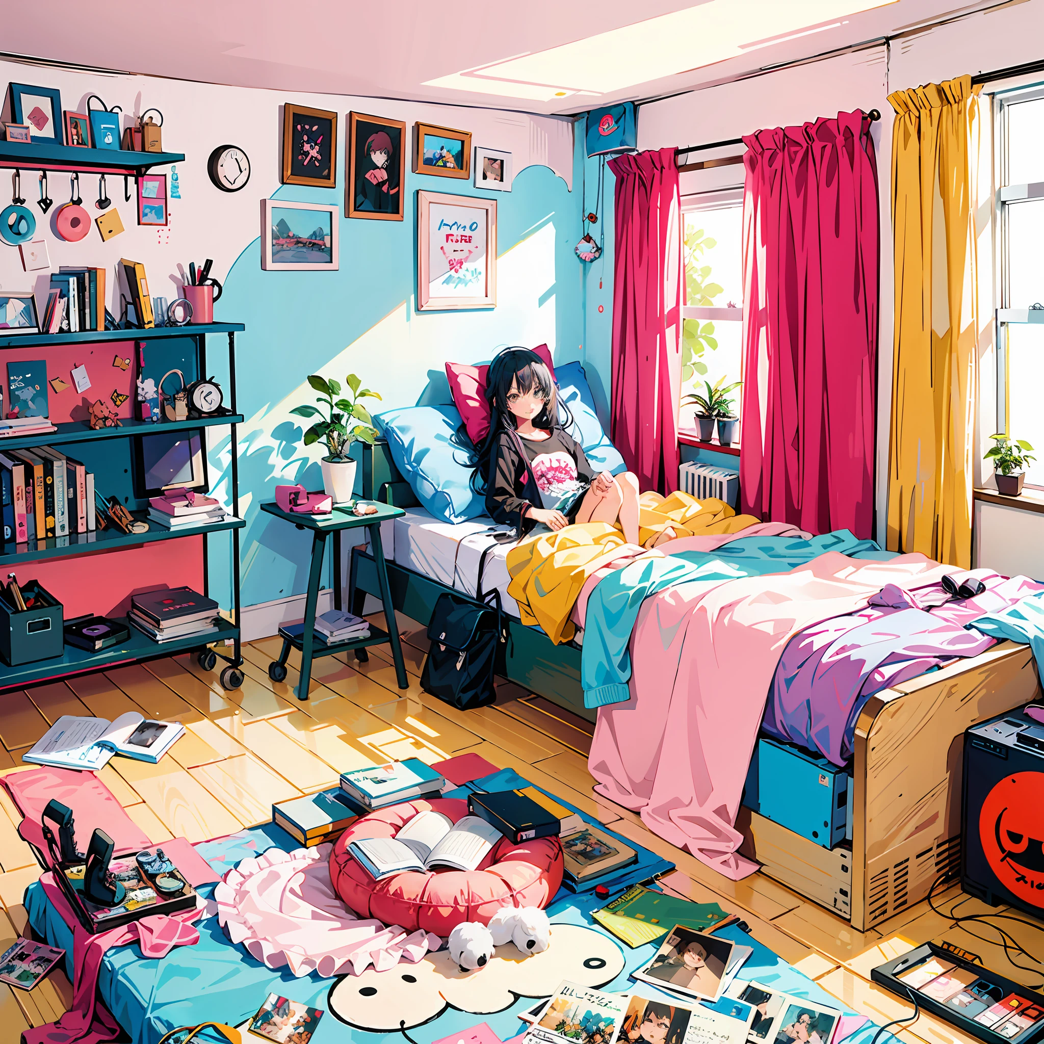 there is a girl sitting on a bed in a room, chaotic teenage bedroom, in her room, color spread, messy room, anime background art, messy bedroom, 8 0 s anime art style, girl's room, sitting in her room, cute room, 8 0 s anime vibe, 9 0 s anime art style, inside a messy room