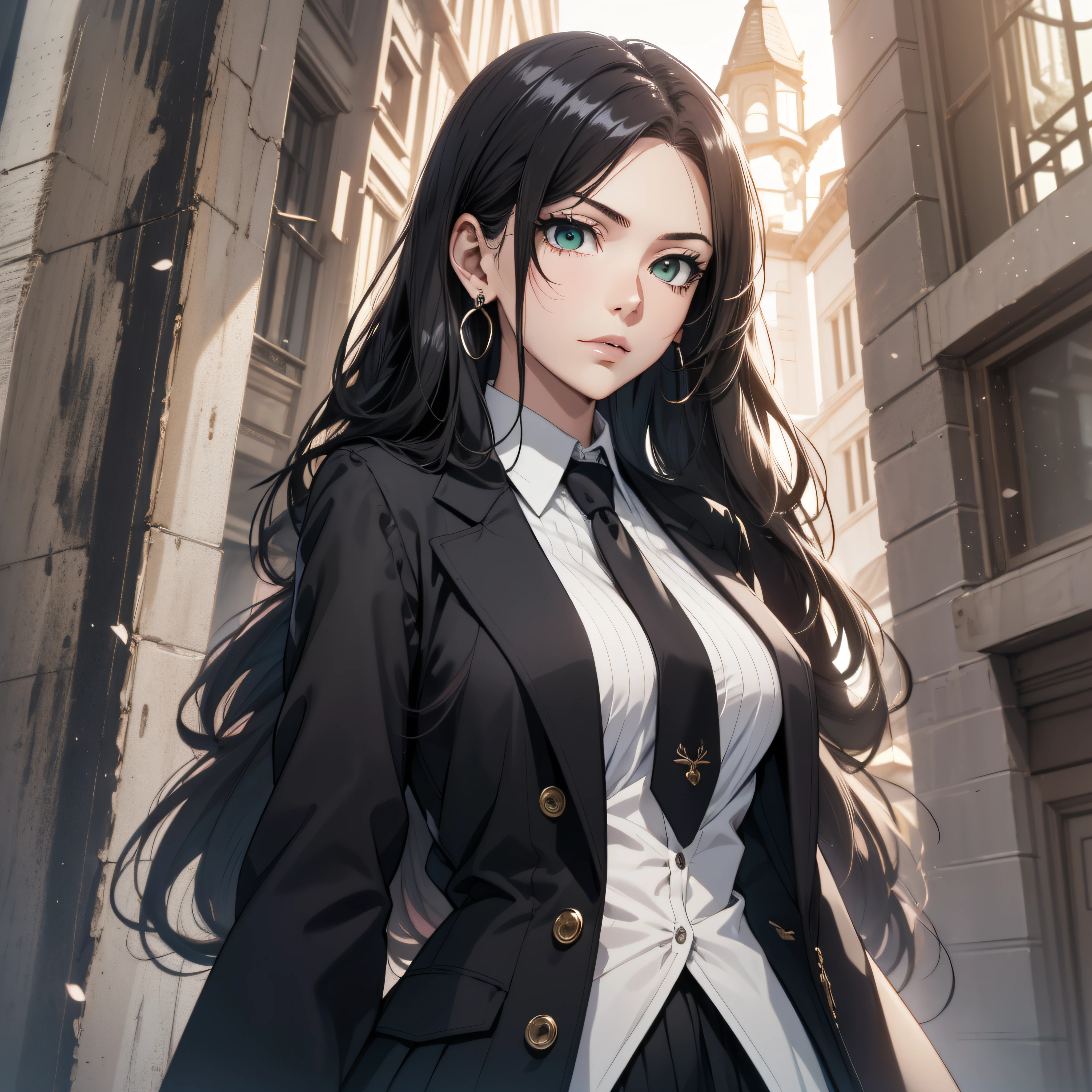 (best quality, masterpiece, ultra-detailed, extremely detailed, highres), (1girl, single, solo), Anime girl, long raven hair, slightly wavy hair, parted bangs, Magus, green eyes, diamond earrings, long black coat, necktie, white shirt, black skirt, aristocrat, noble attire, beautiful, ethereal, elegant, prestigious, classic, royal building, natural lips