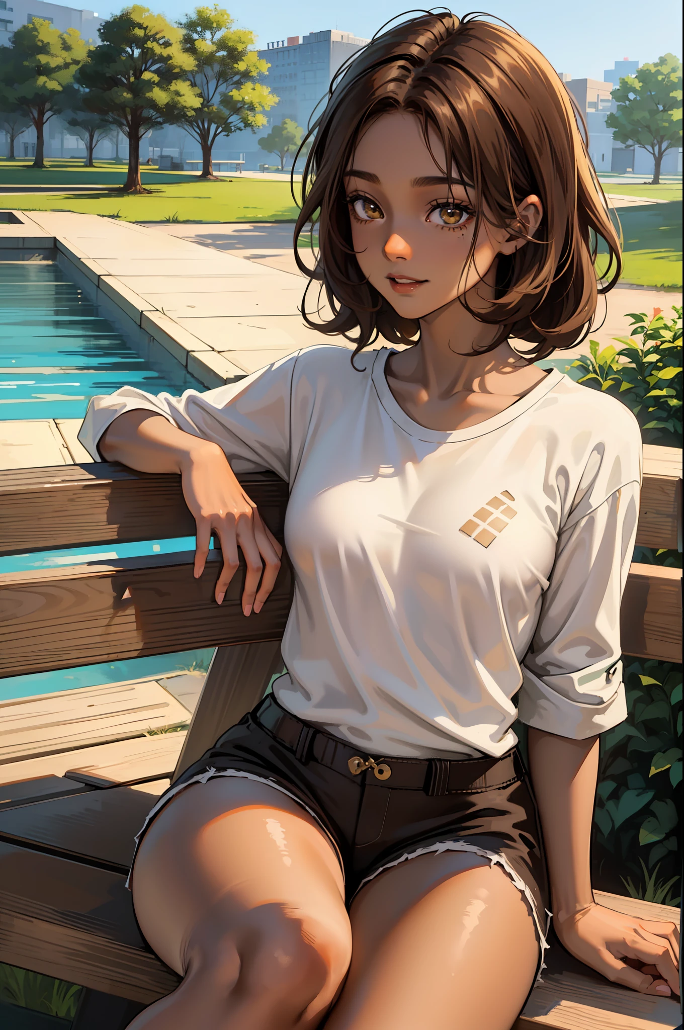 anime girl, wavy and curly black hair, beautiful dark brown eyes, happy, gleeful, smirk, ((dark brown skin:1.5)), asian eyes, (black woman:1.5), long eyelashes, luscious lips, proportionate face, (blasian), short girl, 18 year old, ((beige plain tshirt)), (less saturated green shorts, knee high socks, green sneakers), girl sitting down on a bench, park, beautiful quality, normal, masterpiece, soft and warm lighting