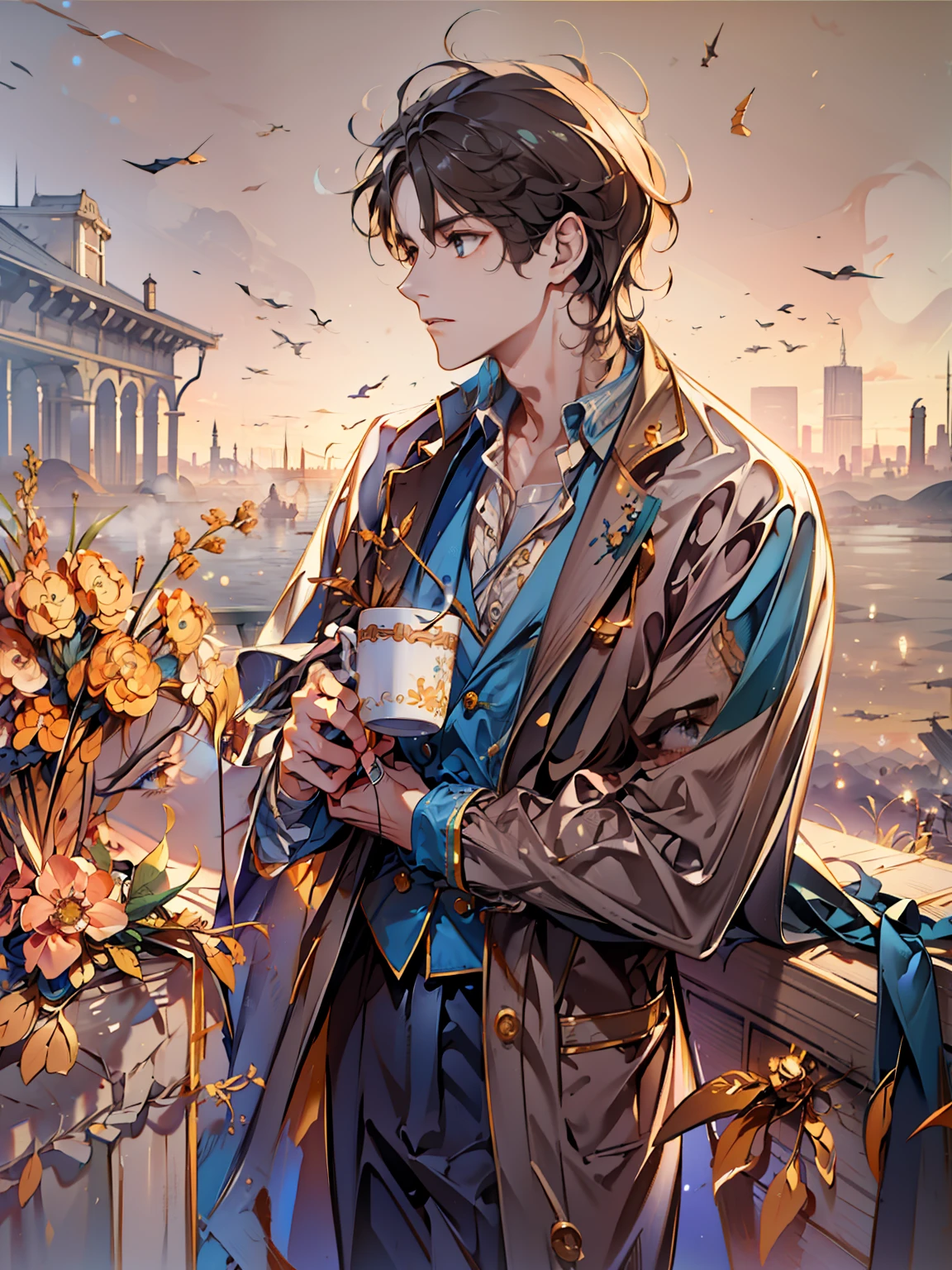 (((masterpiece))),best quality, illustration, 1man, handsome man, vibrant color scheme, Soft light,(warm color:1.2),Water color painting, light background, best quality exquisite details,3d rendering,Octane render, paper_cut. 1male, adult, handsome, tall guy,finely detailed eyes, solo,upper body, looking at viewer, A dreamy painting of a man standing on his balcony, watching the mist rise off the city below. It's early morning, and the sun is just starting to light up the sky. The man is wrapped in a warm blanket, with a mug of tea in his hand. The overall effect is one of quiet contemplation and reflection, as if the man is taking a moment to appreciate the beauty of the world around him, (dutch angle), closed mouth, cowboy shot