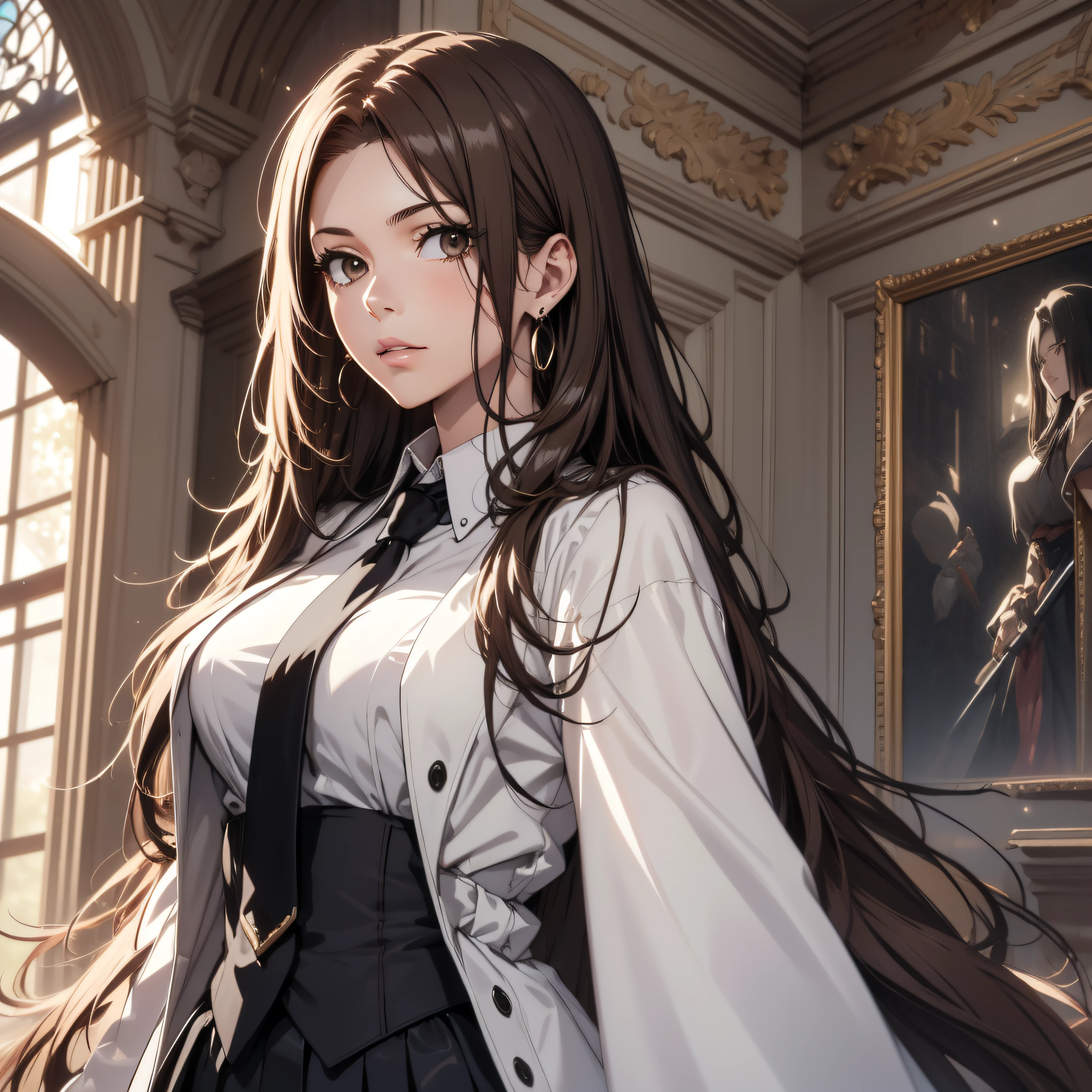 (best quality, masterpiece, ultra-detailed, extremely detailed, highres), (1girl, single, solo), Anime girl, brown hari, long raven hair, slightly wavy hair, parted bangs, Magus, brown eyes, diamond earrings, long black coat, necktie, white shirt, black skirt, aristocrat, noble attire, beautiful, ethereal, elegant, prestigious, classic, royal building, natural lips