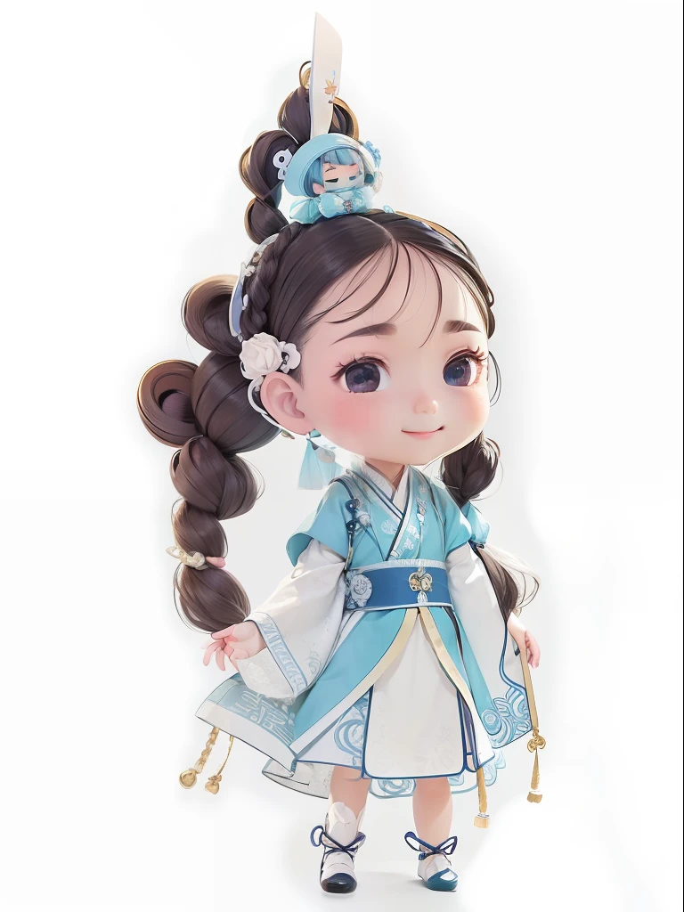 Miniature decency，ssmile，2 small braids，1girll，adolable，Hanfu，China-style，Full body like，Dance，Rich expressions，white backgrounid，long eyelasher，dolls，Super detailed facial details，full bodyesbian