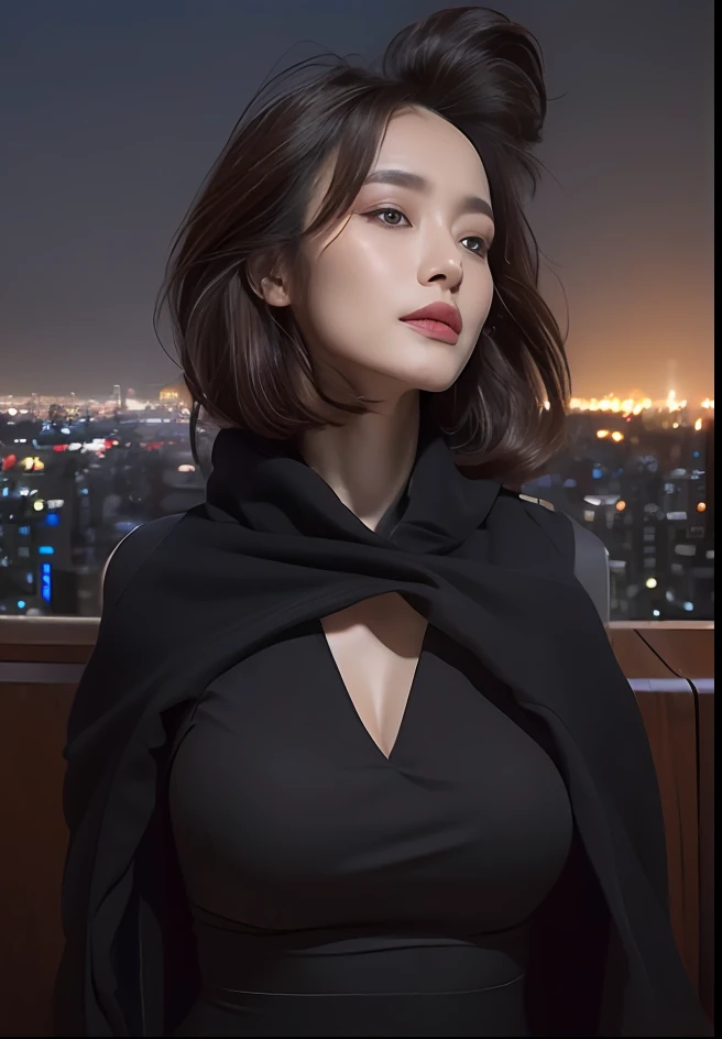 ((Midnight, Best quality, 8k, Masterpiece :1.3)), Whole body, Long legs, Sharp focus :1.2, A pretty woman with perfect figure :1.4, Slender abs :1.1, ((Dark brown hair, Big breasts :1.2)), (White tight tshirt, Jean bib, Standing:1.2), ((Night city view, Rooftop:1.3)), Highly detailed face and skin texture, Detailed eyes, Double eyelid