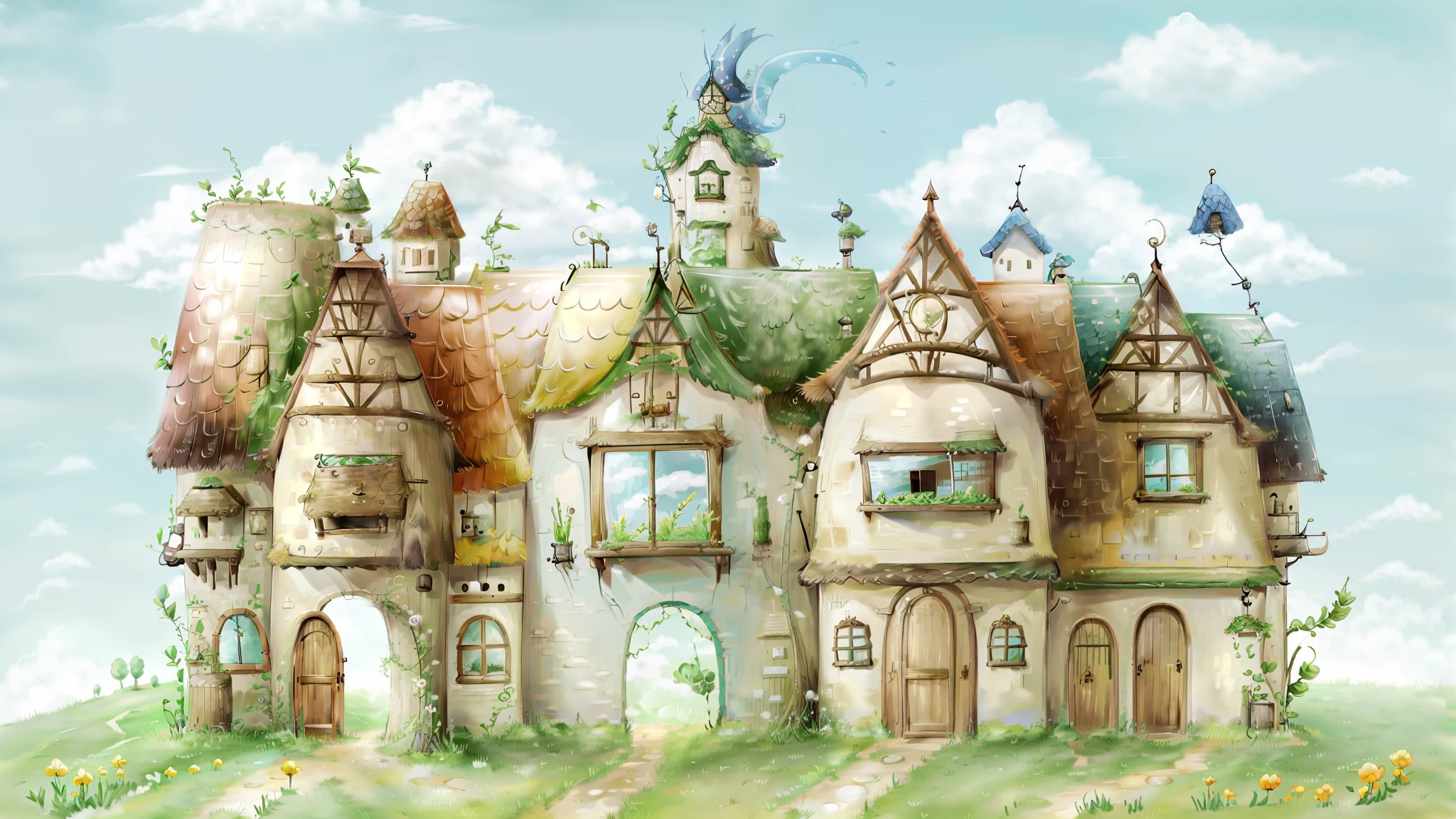 Realism + Studio Ghibli Miyazaki style, grassland stream, blue sky and white clouds, windmill house with life in the distance, high-definition details, full of natural atmosphere.