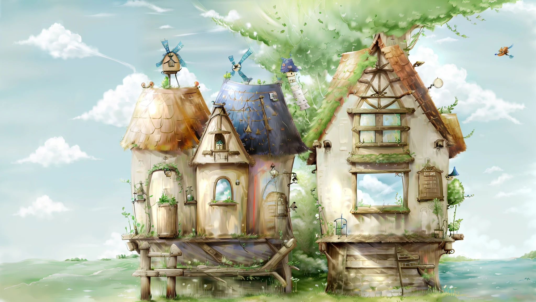 Realism + Studio Ghibli Miyazaki style, grassland stream, blue sky and white clouds, windmill house with life in the distance, high-definition details, full of natural atmosphere.