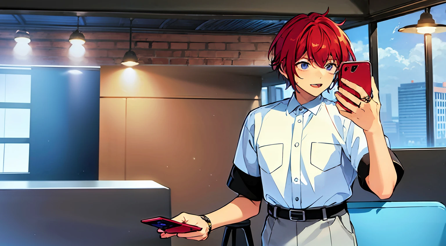 masterpiece, best quality, anime, 1 man, black short hair, white shirts, poker face, using a smartphone, typing, body half up, simple background