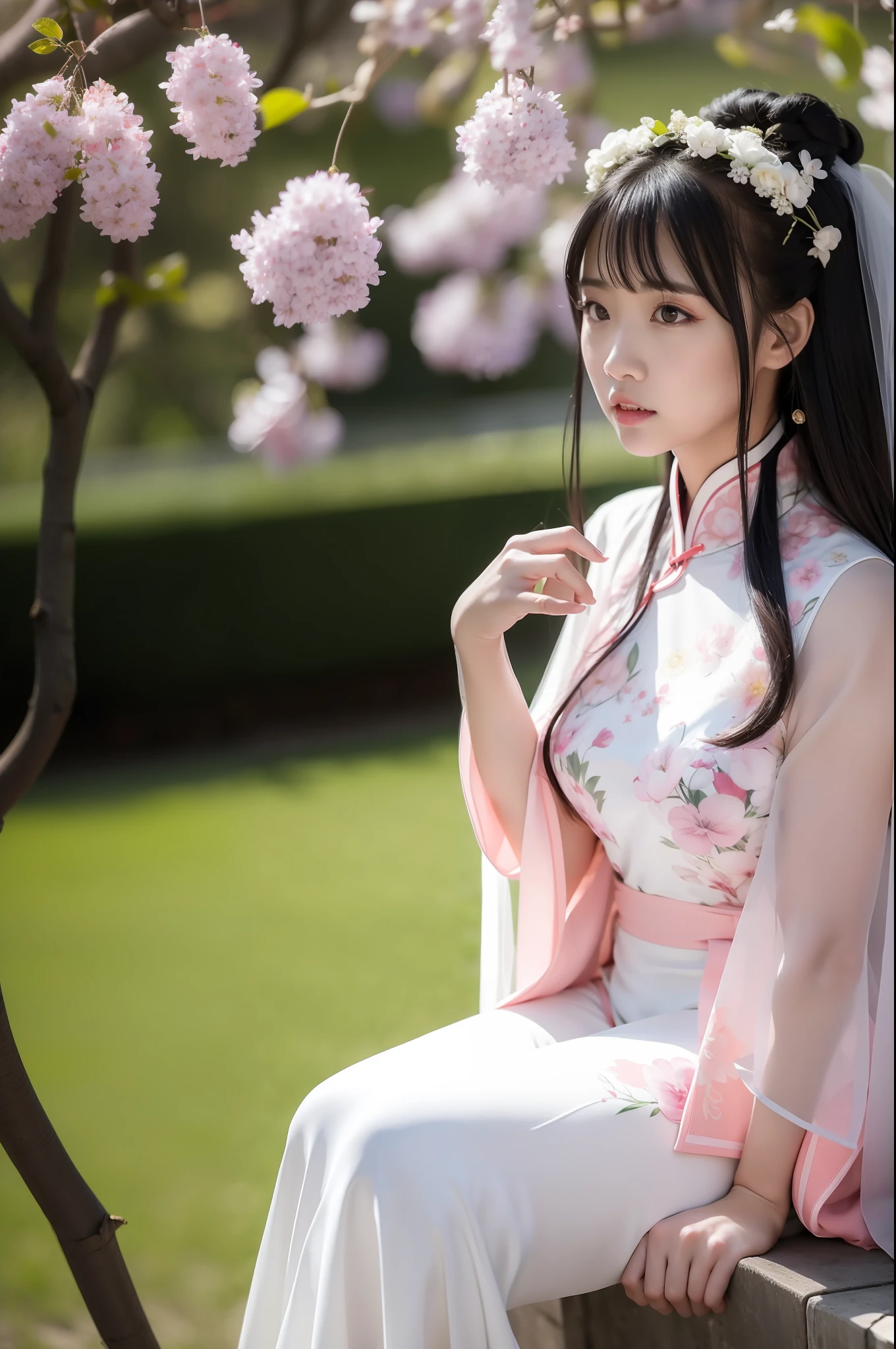 best qualtiy，超高分辨率，（真实感：1.8），1girll，Blue_sky，Blurry，Blurry_Background，Blurry_foreground，branch，the bride_light yarn，Bride，cherry_blossoms，Chinese_clothes，curtain_Grab，窗帘，day，Depth_af_Field，flower，hanami，Hanfu，Lips，Long_Hair , Outdoors, parted_Lips, petals, _flower, Pink_Theme, plum_blossoms, Shawl, Solo, Solo_Focus, Spring_\(season\), tree, The upper part of the body_Body, light yarn, Wedding, Wedding_dress, wisteria，sideface，chin，on cheongsam，Bigchest，exteriors，Ancient streets，The face is delicate，largeeyes，Sitting down，Exposing thighs，vacuum，Matte cheongsam，The pattern is complex