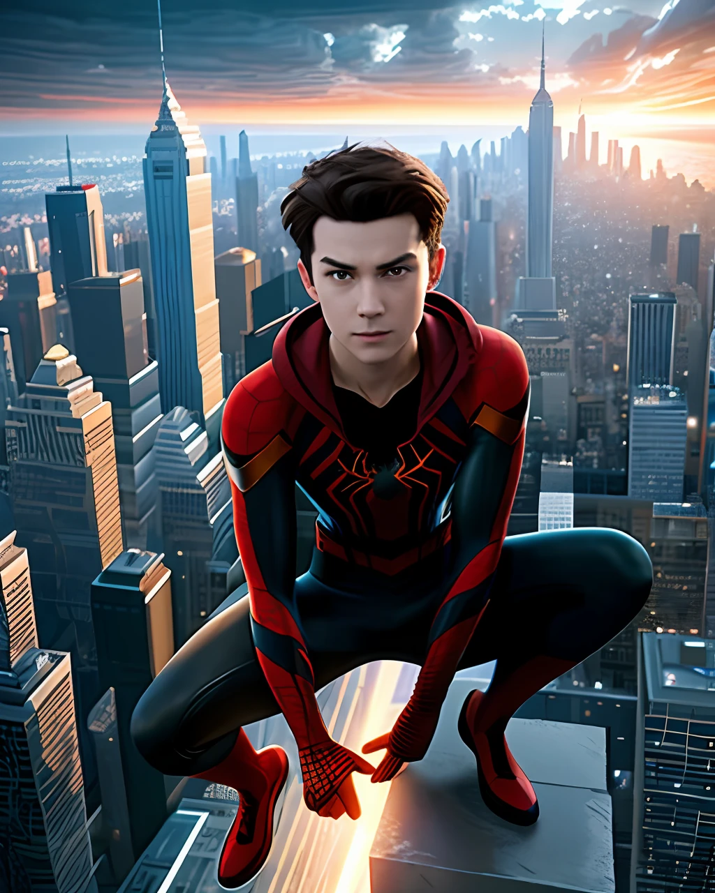 Create a breathtaking masterpiece with stunning ray tracing effects,Spider-Man Little Boy, Epic, Cinematic, hypperrealism, hdr,Without a hood,Expose the face,Black color hair,brunette color hair,Navigate in high-rise buildings