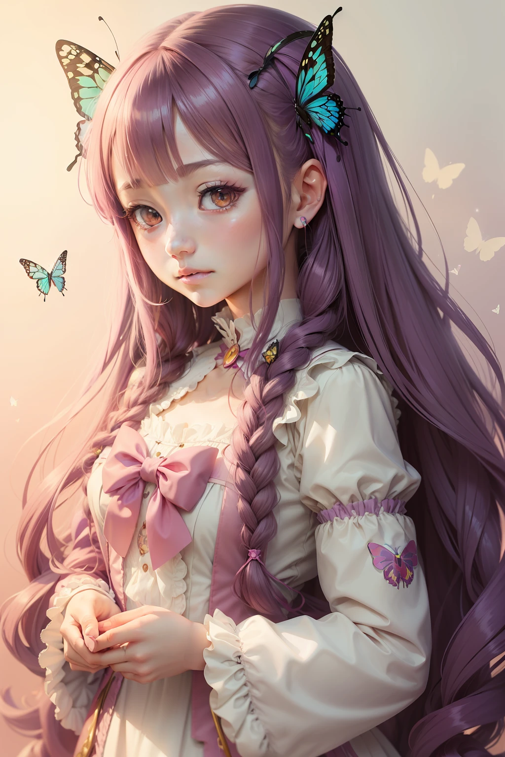 Drawing of a woman with long hair and a butterfly in her hands, portrait of the magical girl, Portrait of an anime girl, decora inspired illustrations, an anime drawing, anime style portrait, marin kitagawa fanart, inspired by Manabu Mabe, anime character portrait, anime portrait, portrait of anime girl, inspired by Rei Kamoi, inspired by Jin Homura