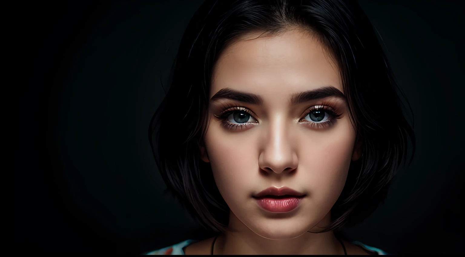 half body portrait of Alan Walker, black hair, wearing wonderful shirt, perfect eyes, perfect lips, perfect nose, professional color graded, wonderful woman, dark background, cute woman