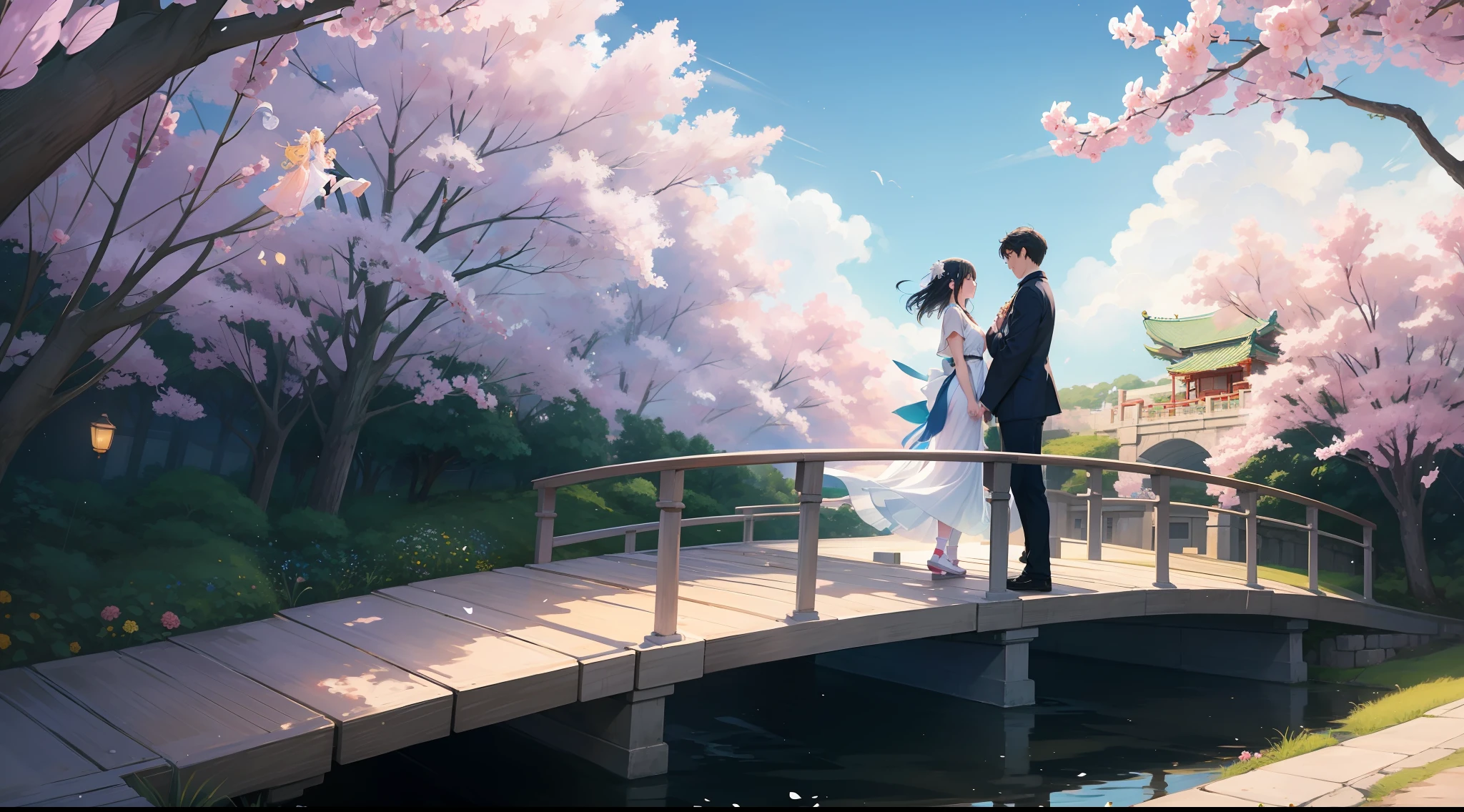 On a sunny day on Tanabata, the clouds flutter,On the Magpie Bridge,A man and a woman stand opposite each other,Character backs。starry sky bright,The river is quiet,It was as if only the two of them were left in the entire universe。This is the moment,A thousand years of waiting turned into a sweet encounter,Love blooms on the night of Tanabata。Little people,There is a poster for the big scene,A couple standing on the bridge, Poster illustration, A beautiful artwork illustration, poster for, vibrant tourism poster, lie on white clouds fairyland, Chinese fantasy, Poster design, illustrated poster,Very dreamy,Horizontal version,Character backs