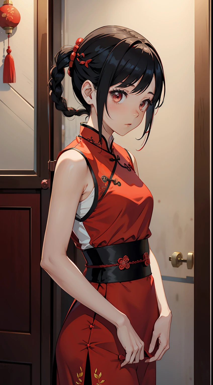 Dango hair style, Side braids, Red cheongsam, Embroidery, Cute, Playful, Tsundere, standing,