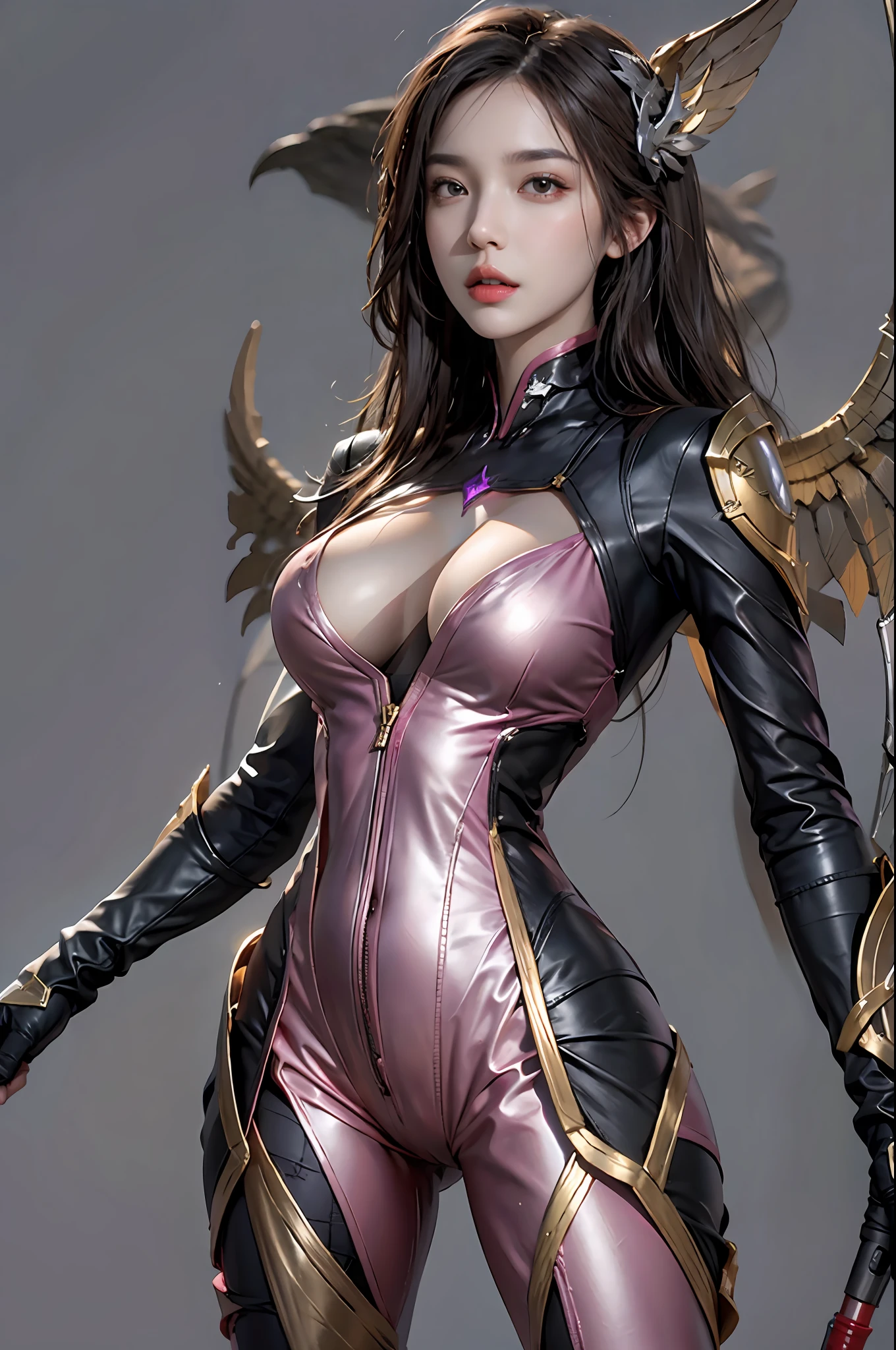 photorealistic, high resolution, 1women, solo, hips up, look at viewer, (detailed face), kai'sa /league of legends, bodysuit, void wings