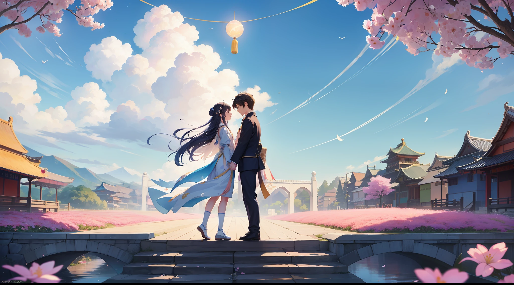 On a sunny day on Tanabata, the clouds flutter，On the Magpie Bridge，The cowherd and the weaver girl stand opposite each other，Character backs。starry sky bright，The river is quiet，It was as if only the two of them were left in the entire universe。This is the moment，A thousand years of waiting turned into a sweet encounter，Love blooms on the night of Tanabata。Little people，There is a poster for the big scene，A couple standing on the bridge, Poster illustration, A beautiful artwork illustration, poster for, vibrant tourism poster, lie on white clouds fairyland, Chinese fantasy, Poster design, illustrated poster,Very dreamy，Horizontal version，Character backs