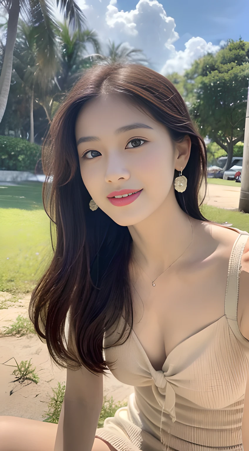 A young and beautiful,Beautiful cute girl,half-body photo。Extremely beautiful and delicate,Black color hair,A sweet smile,Delicate and beautiful fair skin,Realistic and realistic,exquisite and complete facial features,Detailed depiction of the face,tall nose bridge,Smooth hair,extremely detail hair,Feminine temperament,with a well-proportioned body,Realiy,White teeth,Tied up with hair,No bra,Hyper-realism,sandals,Extreme picture quality,Highest precision,Precise and perfect human anatomy。with blue sky and white clouds,rays of sunshine,(Reddish brown dress)(telephoto shot,)Express the landscape,Under coconut trees,Highlight portrait。Sitting on the beach by the sea,Keep your legs straight。Wearing earrings,Sideways photo