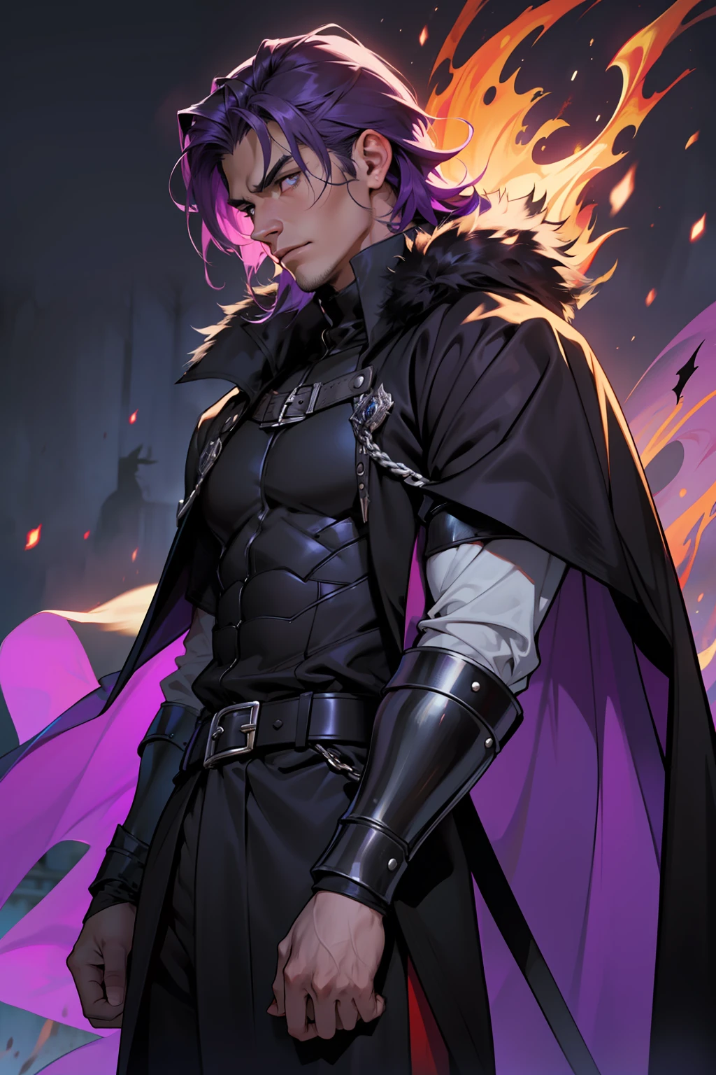 The facial features are clear and three-dimensional，Masterpiece，Highest quality，Handsome male guy，Purple colored hair，Wearing purple armor，Animal fur coat with black cape，Cursed，The Dark Knight，medieval times，martial art，depth of fields，Side face，Ghost fire，Black flame，Red pants，Vampires