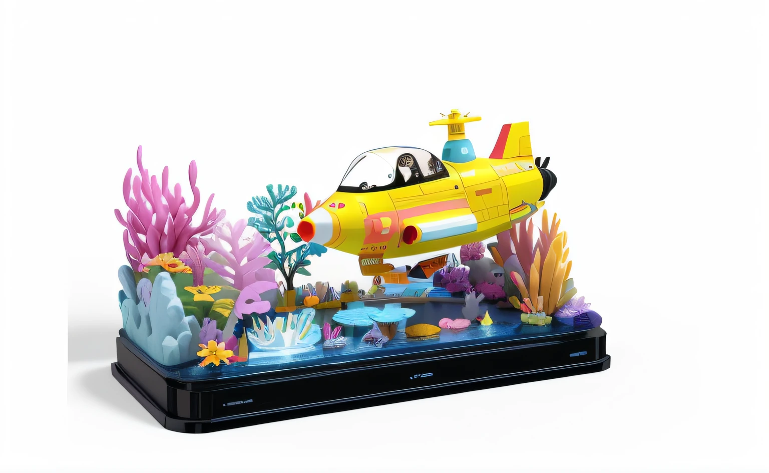 Yellow submarine,The underwater submarine has a lot of stickers and many pink coral reefs , Yellow and pink design, Close-up shooting,rendered in keyshot, cycle render, high res render, cycles 3 d render, cycles4d render, The yellow submarine has no gradient, 3 d render n - 9, cycles render 4k, scifi concept art, high res render