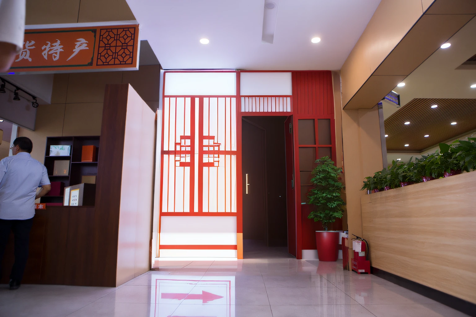 Render the interior as an offline showcase for agricultural products、Red theme、Modern style、brightly、