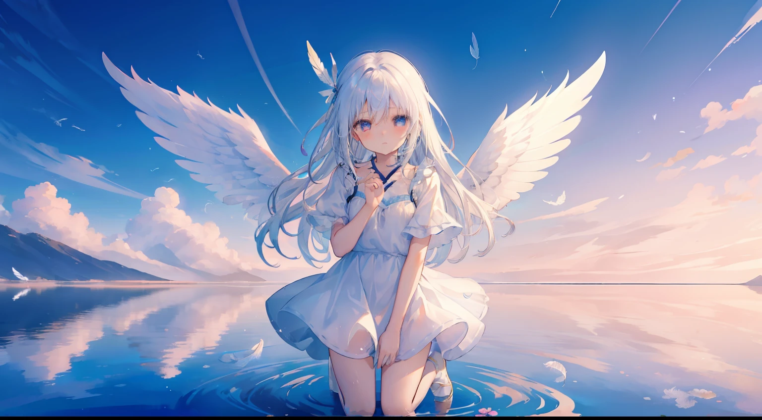 One girl、Salar de Uyuni、Stand kneeling、wish、Shoku、fit hands、Beautiful sky、a lot of feathers、water reflections、Evening glow、ren、cute little、white  hair、Fluttering hair、White Dress、shortsleeves、Feathers falling into the water、pluma、Angel wings