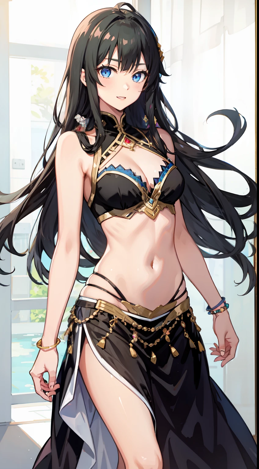 Yukino yukinoshita, long hair, cleavage, navel, slim legs, black hair, blue eyes,  arabian belly dancer,  body, happy, gown, skirt