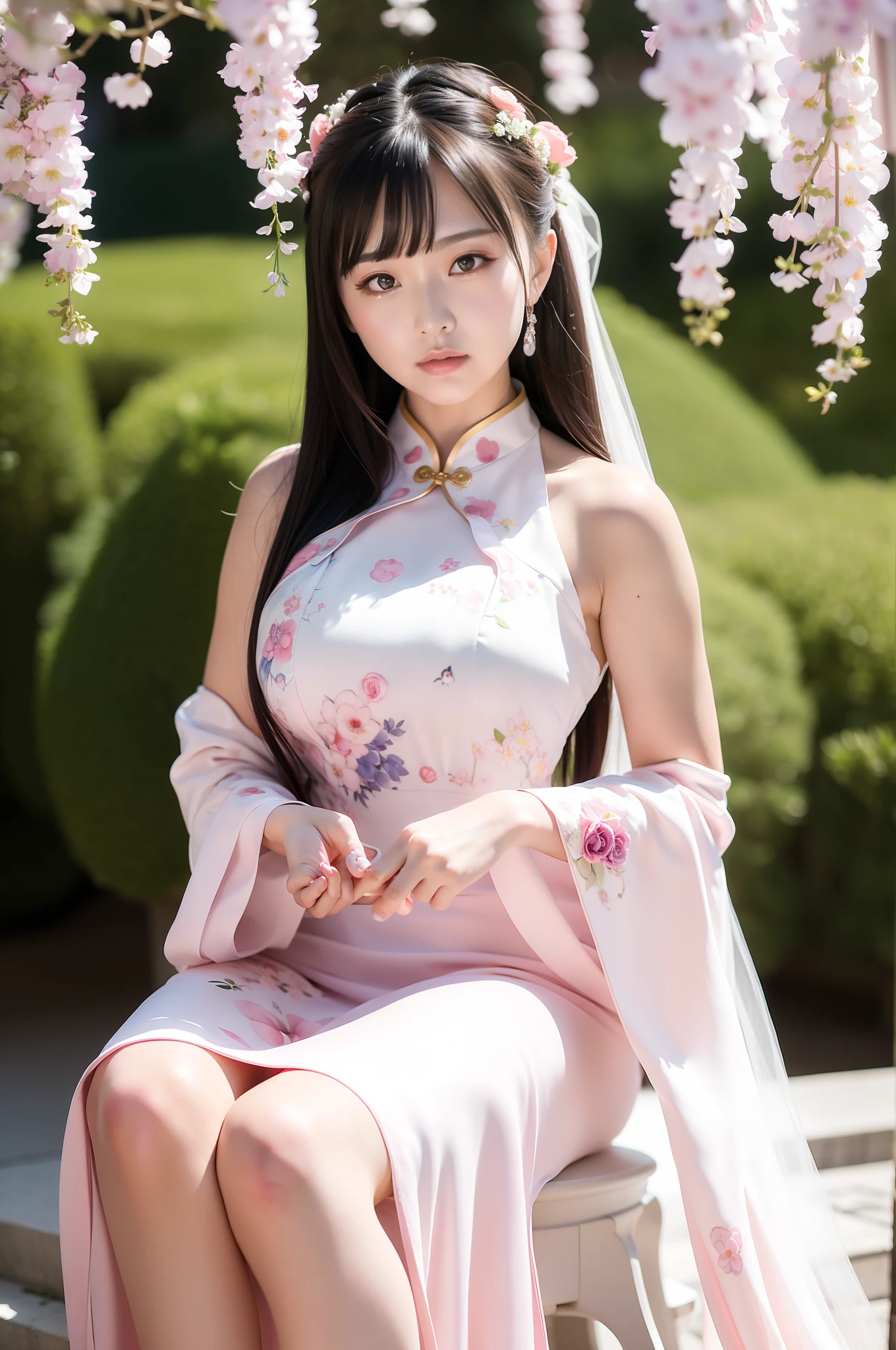 best qualtiy，超高分辨率，（真实感：1.8），1girll，Blue_sky，Blurry，Blurry_Background，Blurry_foreground，branch，the bride_light yarn，Bride，cherry_blossoms，Chinese_clothes，curtain_Grab，窗帘，day，Depth_af_Field，flower，hanami，Hanfu，Lips，Long_Hair , Outdoors, parted_Lips, petals, _flower, Pink_Theme, plum_blossoms, Shawl, Solo, Solo_Focus, Spring_\(season\), tree, The upper part of the body_Body, light yarn, Wedding, Wedding_dress, wisteria，sideface，chin，on cheongsam，Bigchest，exteriors，Ancient streets，The face is delicate，largeeyes，Sitting down，Exposing thighs，vacuum，Matte cheongsam，The pattern is complex