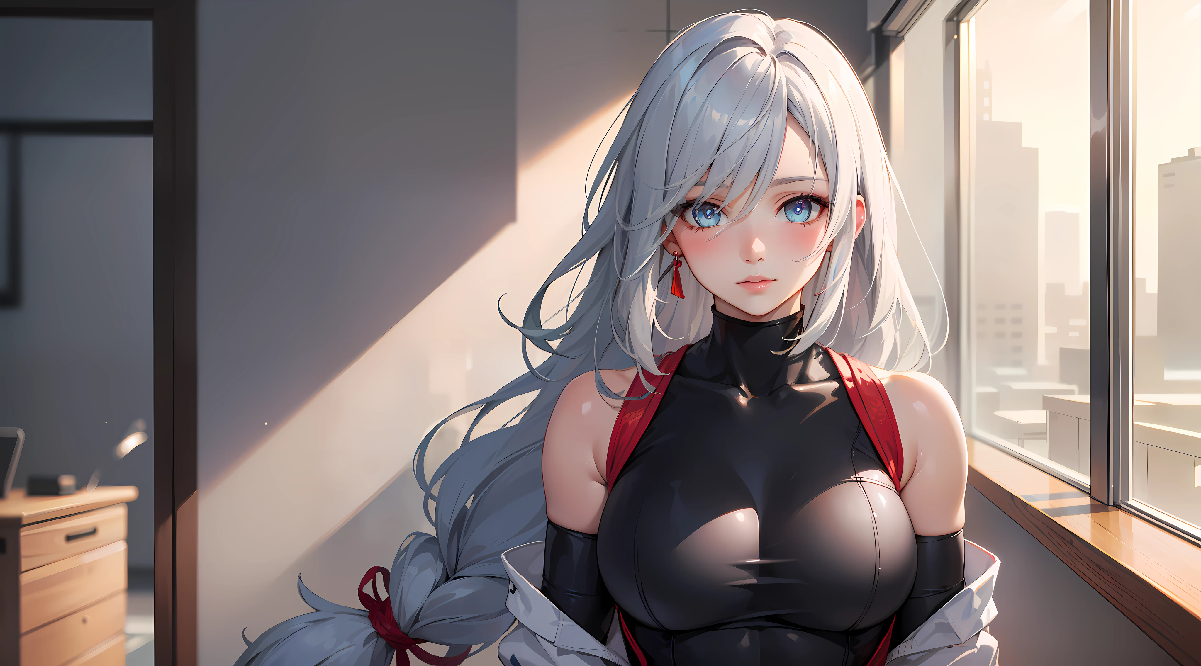 office girl, office clothes, upper body, seductive look, blush, indoors, in office, looking at viewer, cloudy, moody lighting, (perfect detail eyes:1.2), glowing eyes, (long hair one braid:1.2), elemental skill effect, (Masterpiece, Best Quality, High Quality:1.4), professional artwork, Intricate Details, field of view, sharp focus, detailed painting, photorealistic lighting, trending on pixiv, (vivid lighting, vibrant colors:1.05), realistic shadows, ambient occlusion, (athletic body:1.3), mature woman, 30yo, shenhe, hyperdetail eyes, beautiful eyes