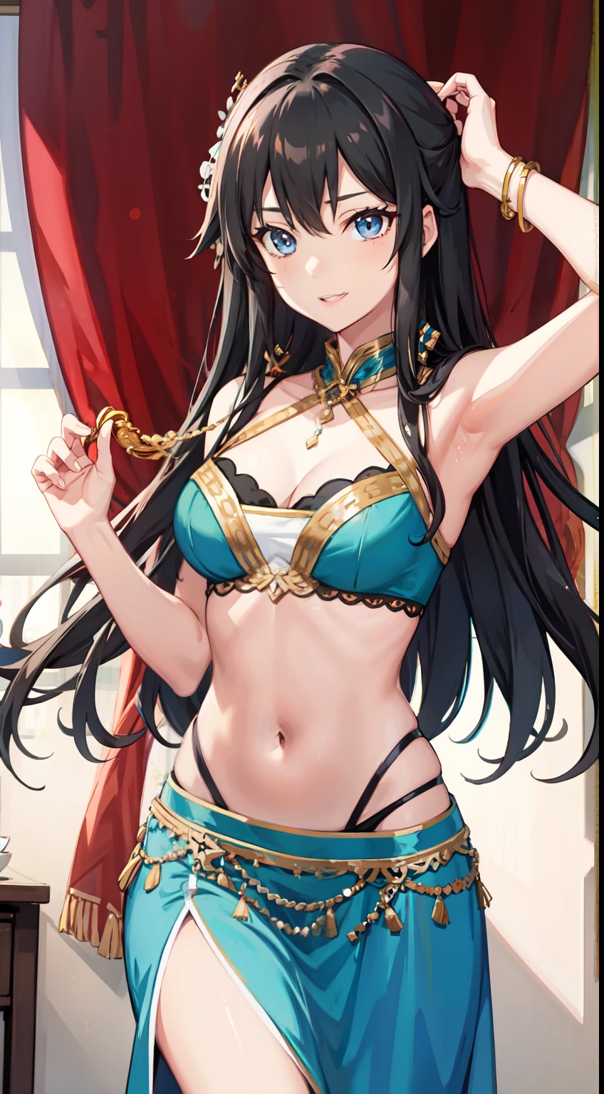 Yukino yukinoshita, long hair, cleavage, navel, slim legs, black hair, blue eyes,  arabian belly dancer, teen body, happy, gown, skirt
