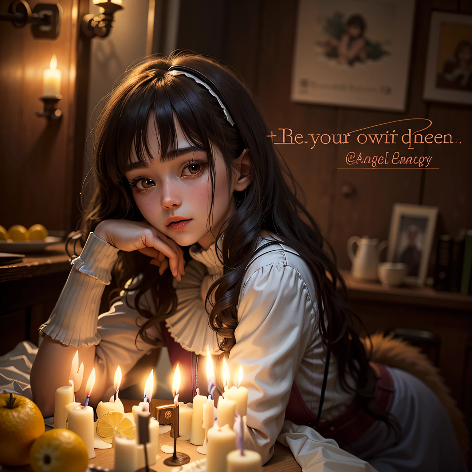 there is a woman sitting in front of a cake with lit candles, 🍸🍋, 🐿🍸🍋, 18 years old, young wan angel, 1 6 years old, by Marie Angel, 🔞🤡, angle, lovely queen, album art, ulzzang, (digital art), of an beautiful angel girl, 1 9 year old