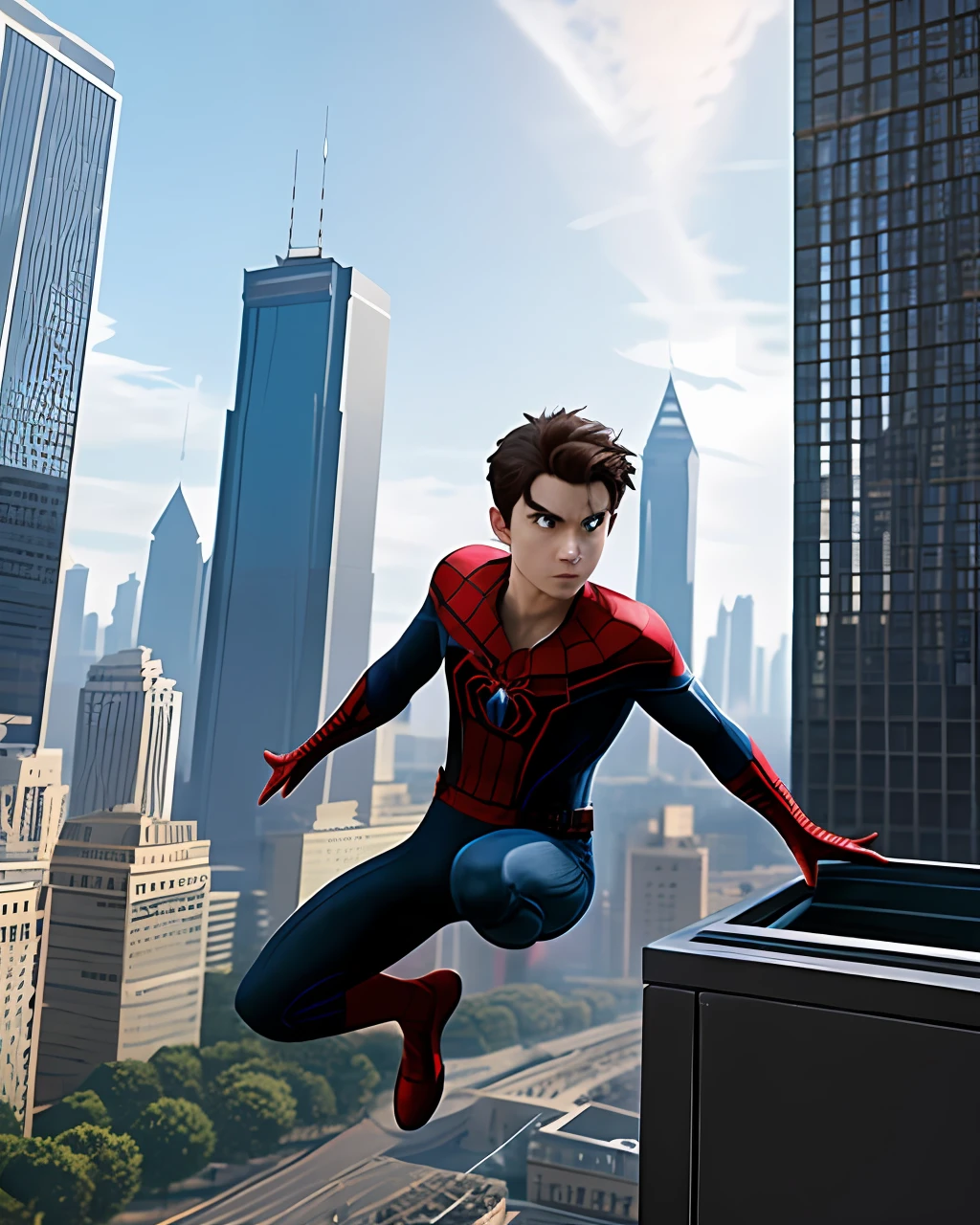 Create a breathtaking masterpiece with stunning ray tracing effects,Spider-Man Little Boy, Epic, Cinematic, hypperrealism, hdr,Without a hood,Expose the face,Black color hair,brunette color hair,Navigate in high-rise buildings