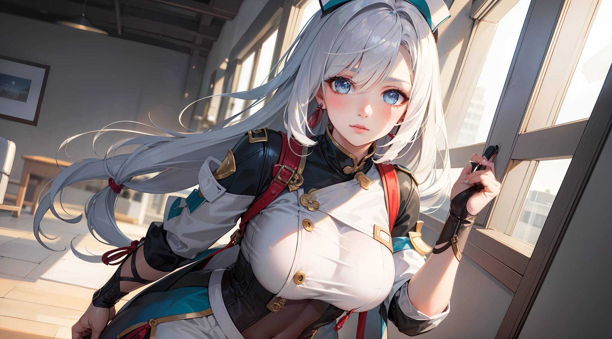 nurse, nurse clothes, upper body, seductive look, blush, indoors, in office, looking at viewer, cloudy, moody lighting, (perfect detail eyes:1.2), glowing eyes, (long hair one braid:1.2), elemental skill effect, (Masterpiece, Best Quality, High Quality:1.4), professional artwork, Intricate Details, field of view, sharp focus, detailed painting, photorealistic lighting, trending on pixiv, (vivid lighting, vibrant colors:1.05), realistic shadows, ambient occlusion, (athletic body:1.3), mature woman, 30yo, shenhe, hyperdetail eyes, beautiful eyes