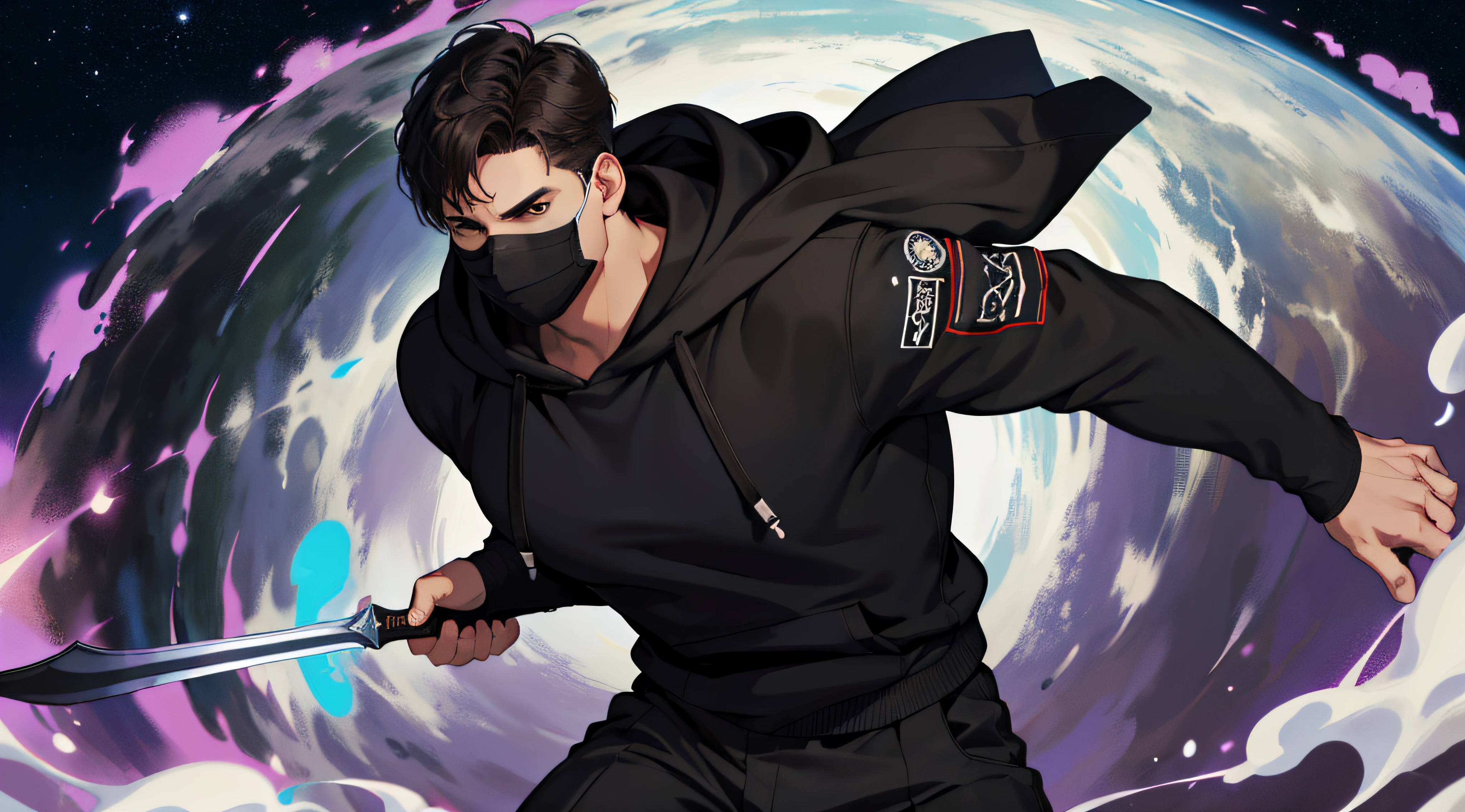 (absurdres, highres, ultra detailed, realistic, ), 1 male, solo, adult, mature, tall muscular guy, broad shoulders, handsome, very short hair, black hair, brown eyes, angular jaw, thick neck, thick eyebrows, upper body single white man with black mask on face, standing on big mountain on center of image, background it's a cosmos with one big planet, man wearing a black clothes also with hoodie, wearing a big samurai sword at the pants, dominating black and purple colors