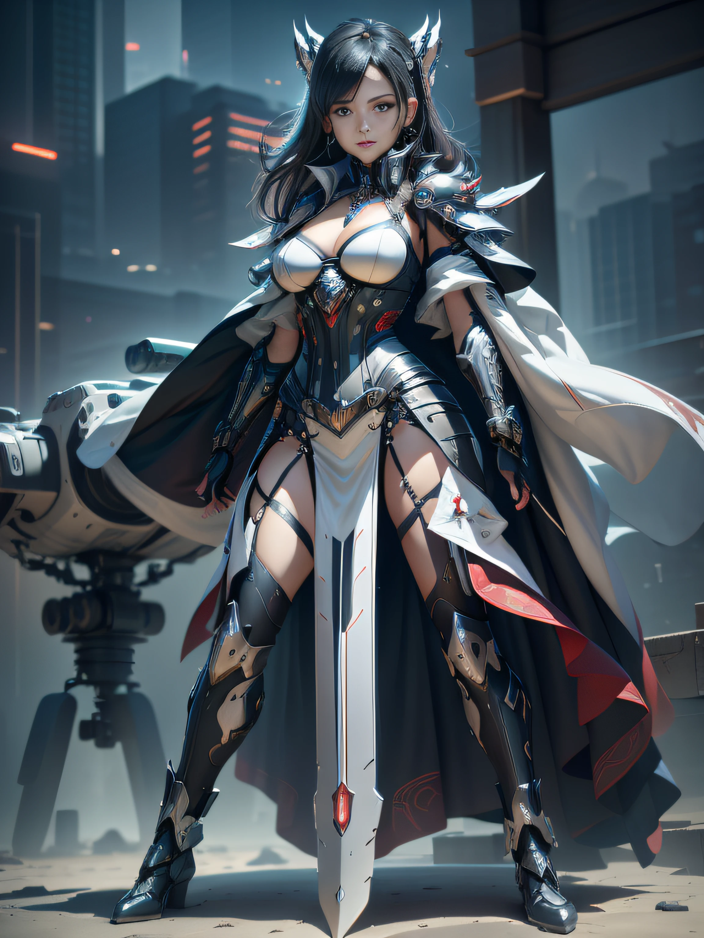 Highest image quality,Outstanding details,超高分辨率,(Fidelity:1.4), Favor the details,(Final Fantasy XV character Ellania Dragon Knight), Wielding the Fang Tianlong Halberd,Cloak, She has a delicate and beautiful face,Raised sexy,cyber punk perssonage,Futuristic,mechanically aesthetic,Virtual Engine 5,Perfect detail rendering,rendering by octane,hyper HD